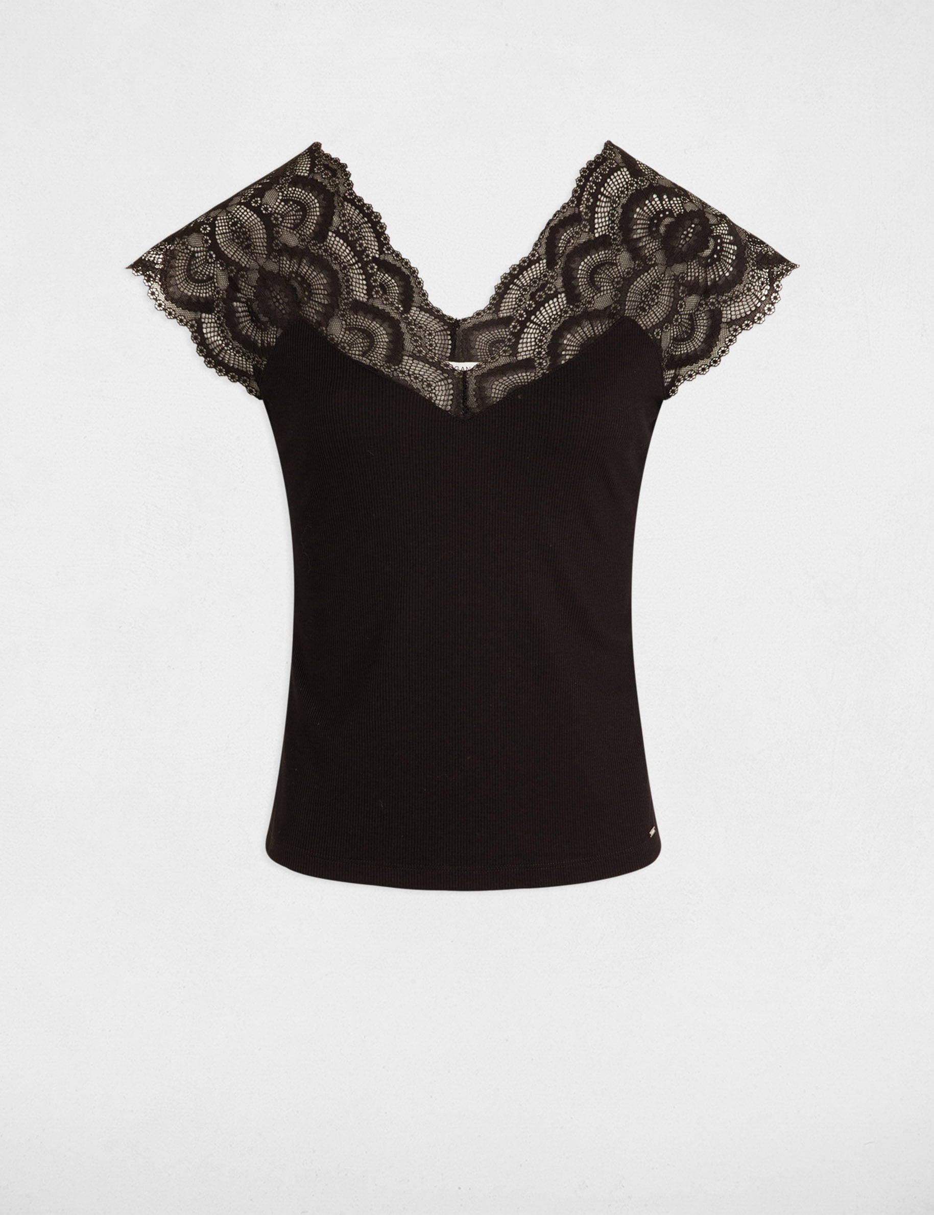 Camiseta de encaje con cuello en v negro mujer