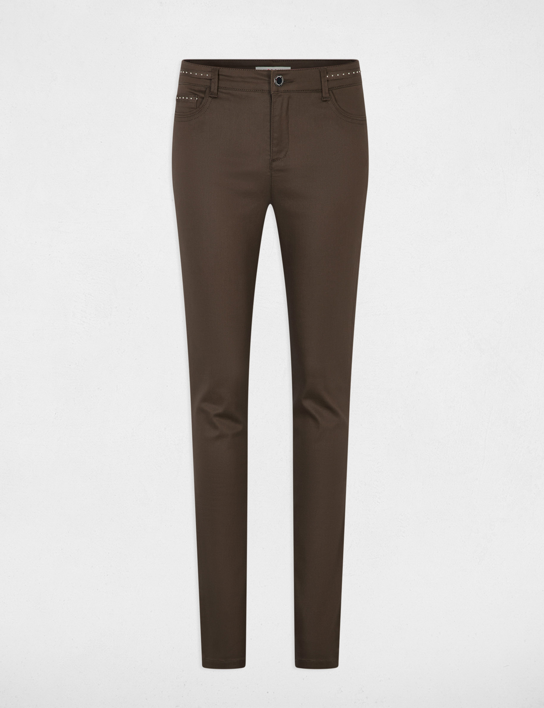 Pantal&oacute;n slim efecto mojado topo mujer