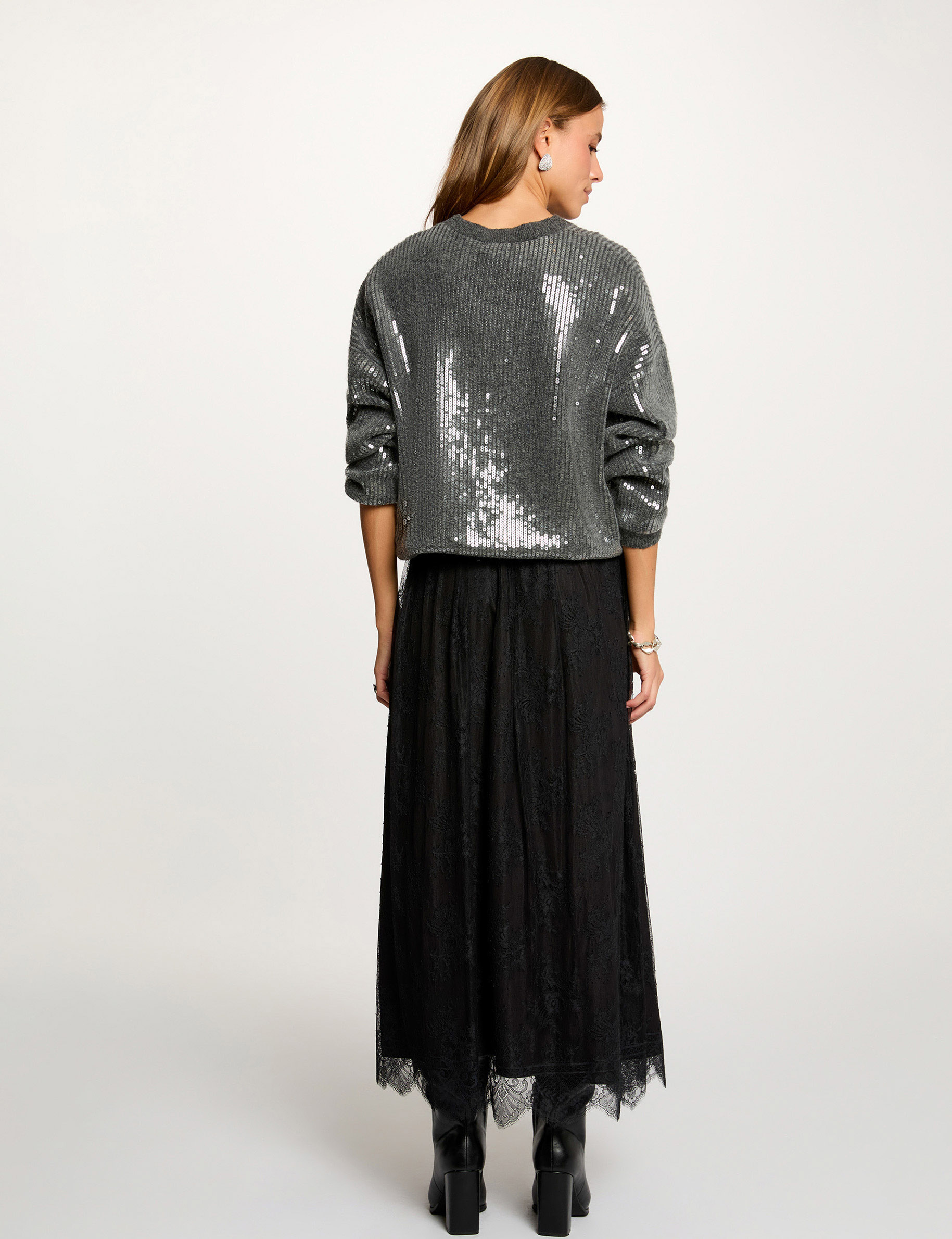 Jersey de lentejuelas cuello redondo gris oscuro mujer