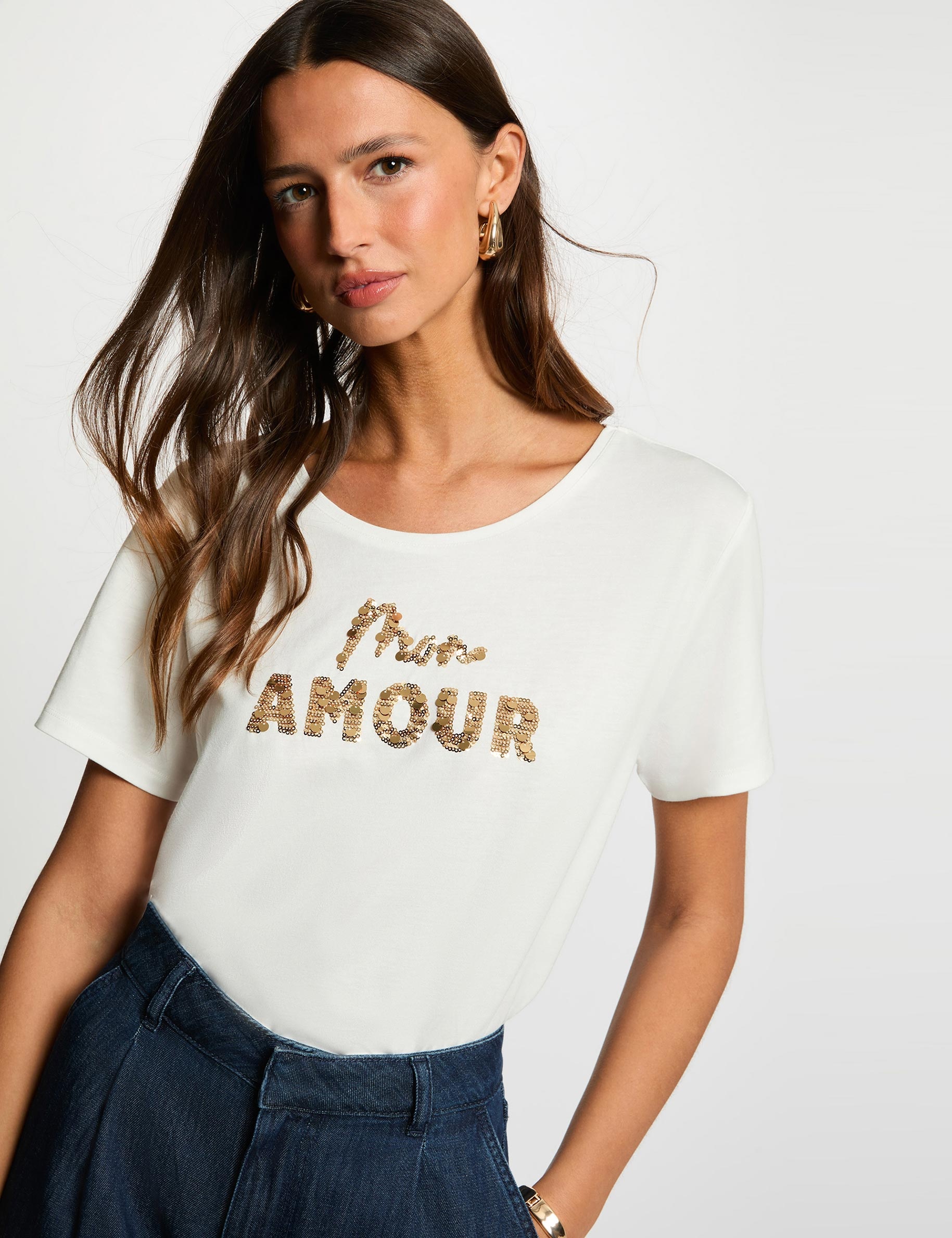 Camiseta bordada con lentejuelas blanco mujer