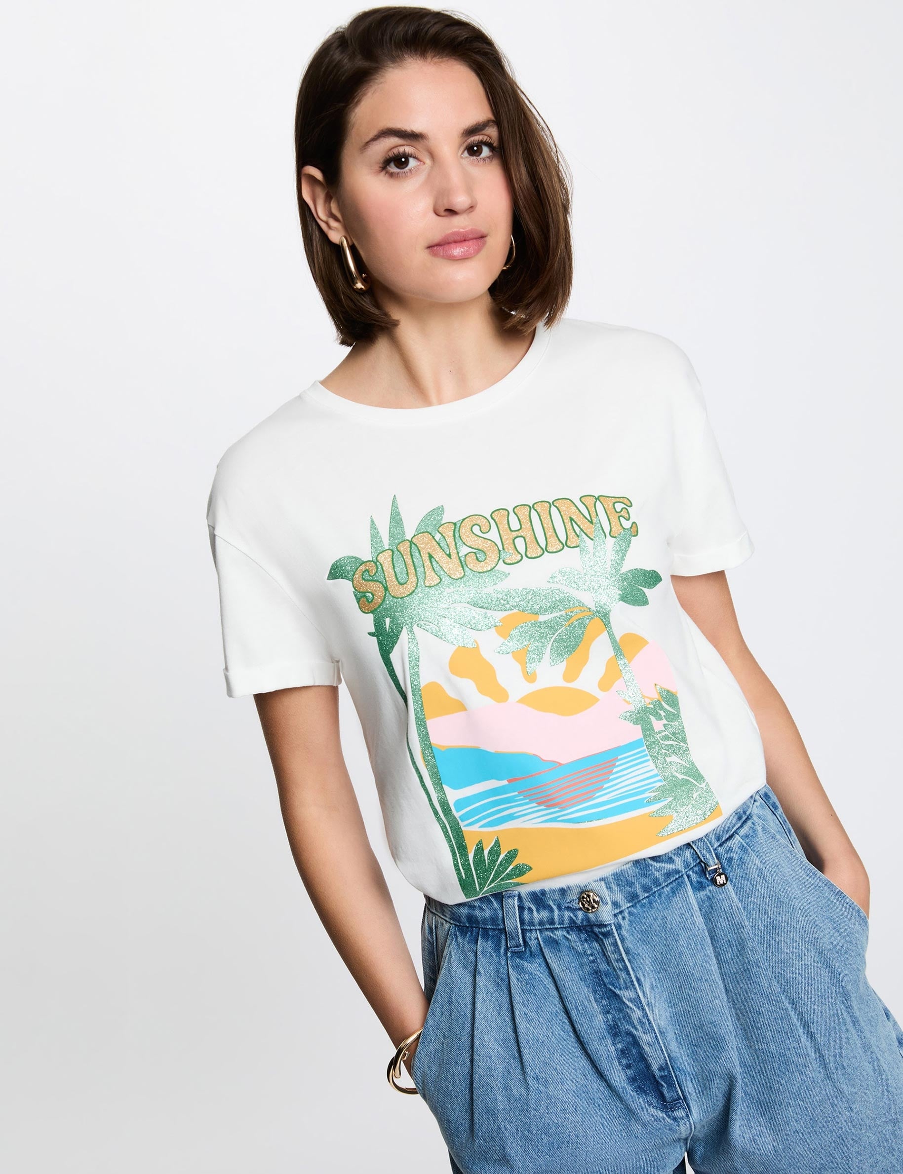 Camiseta estampada cuello redondo blanco mujer