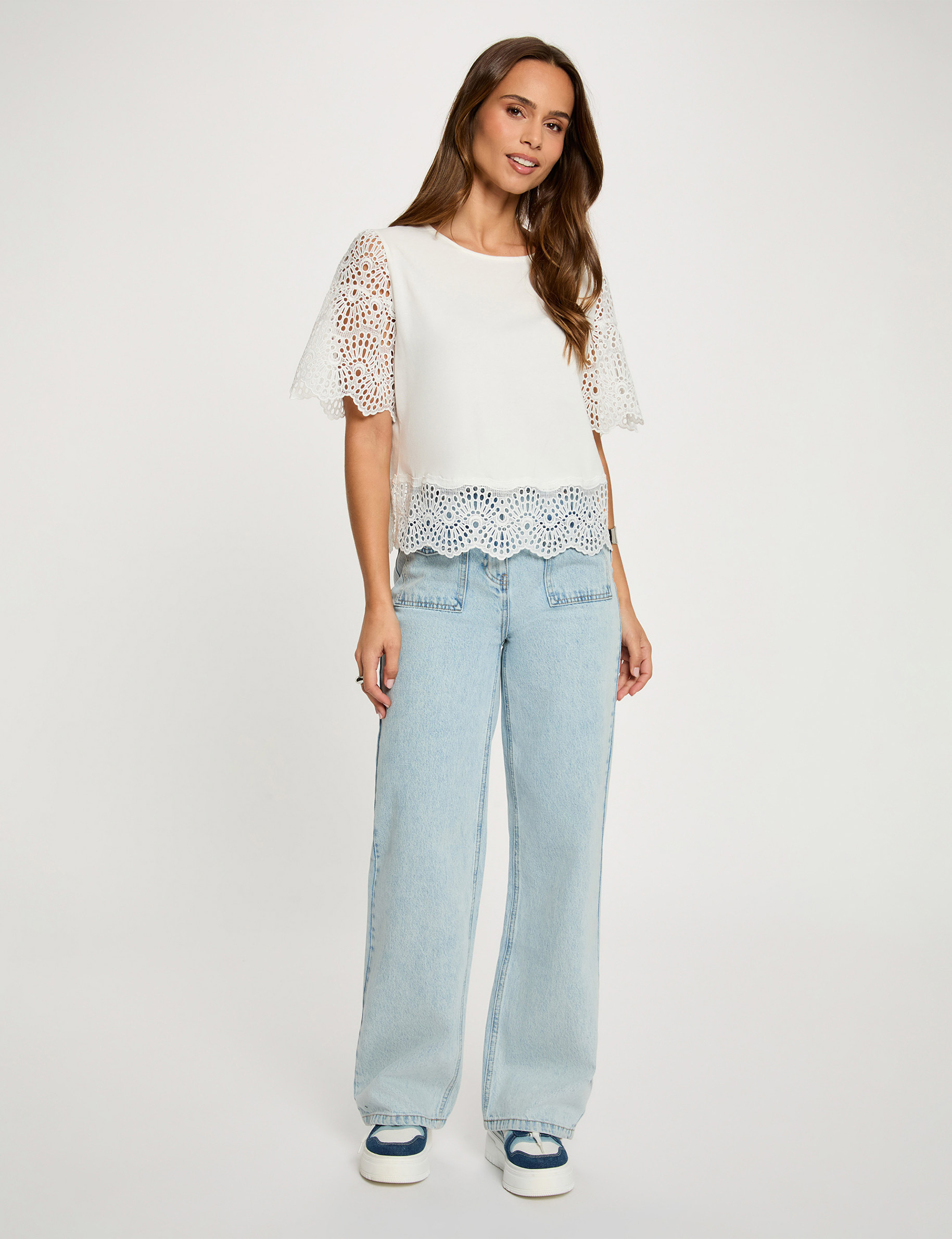 Camiseta de encaje con cuello redondo blanco mujer
