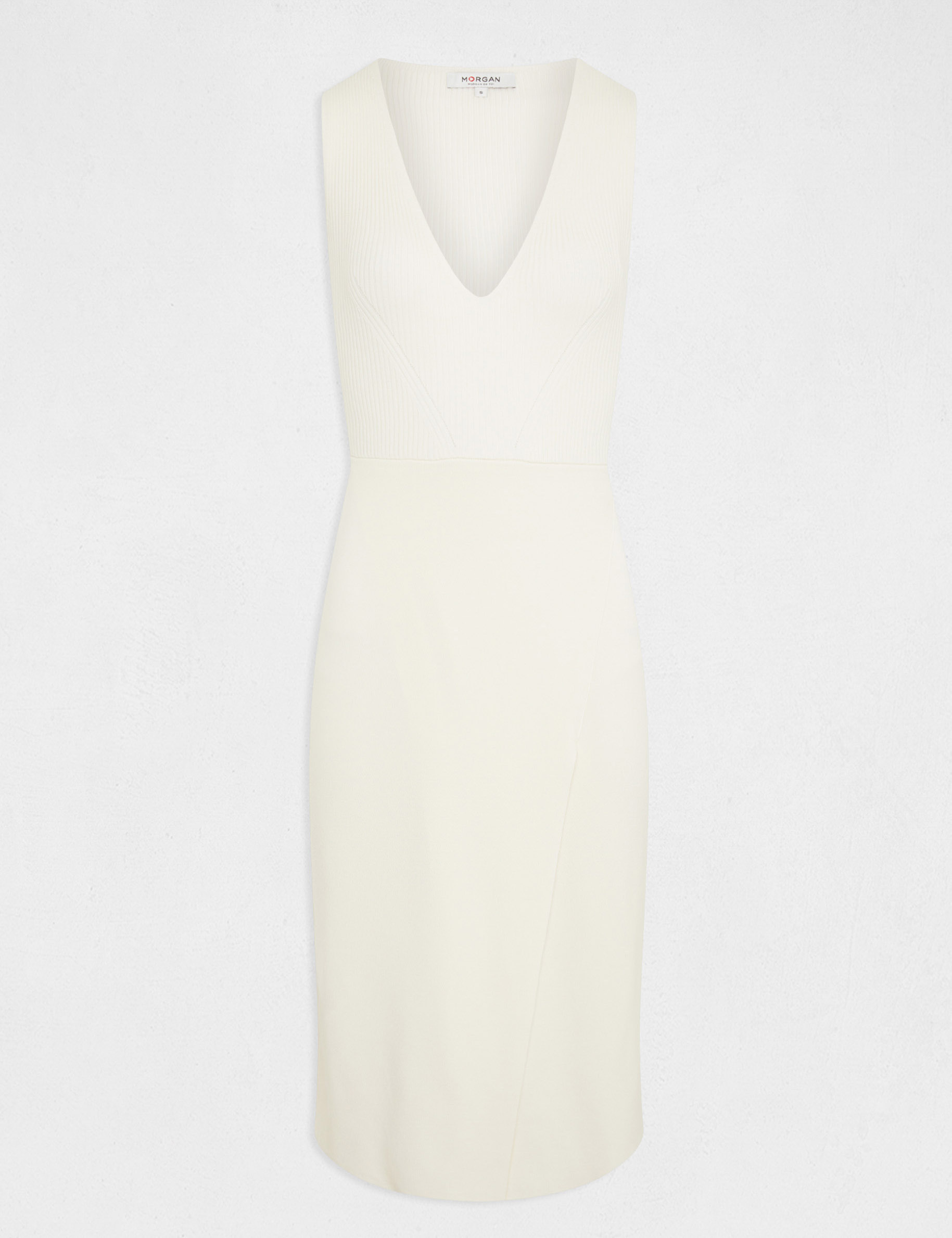 Vestido de punto midi ajustado marfil mujer