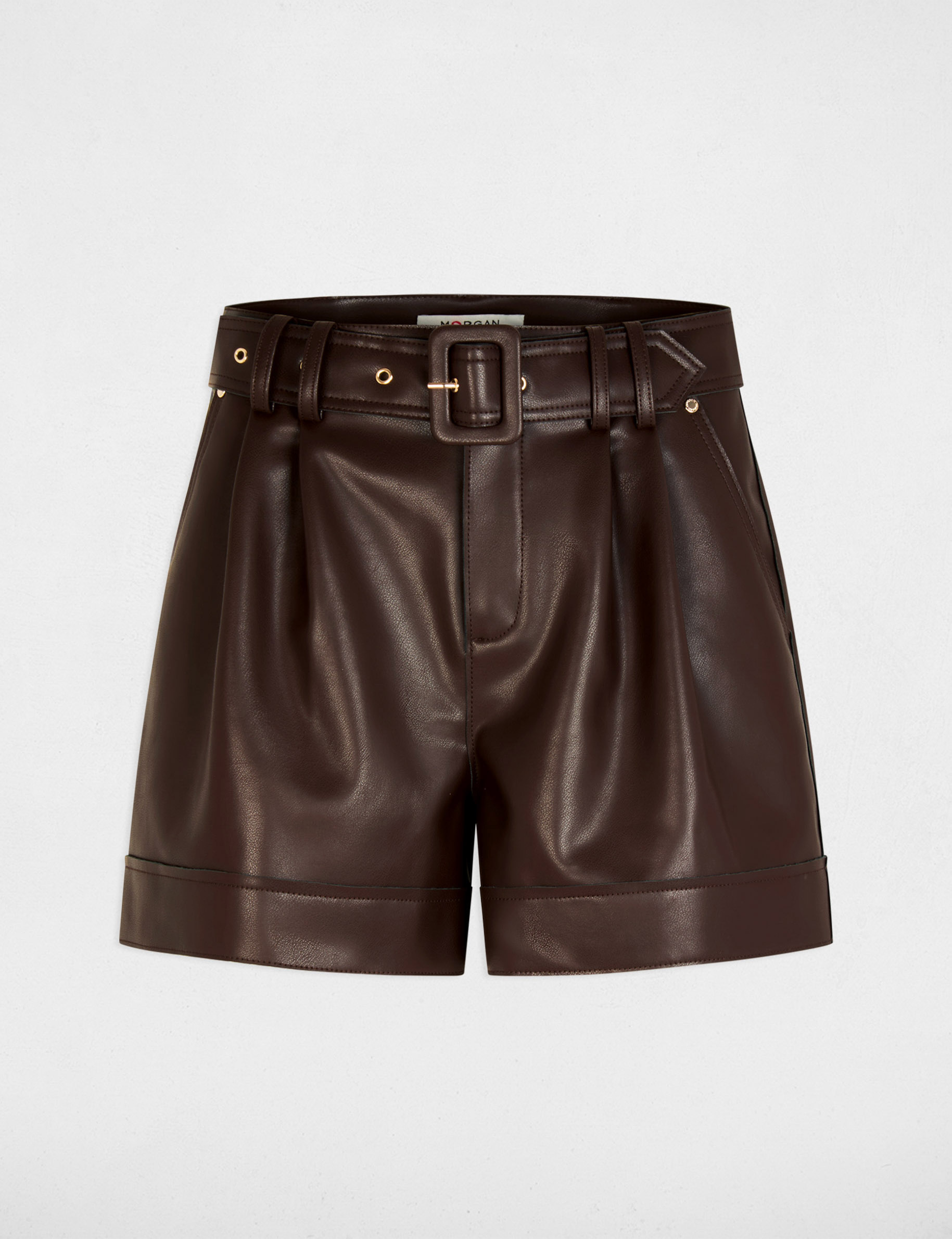 Short ajustado cuero sint&eacute;tico marr&oacute;n mujer