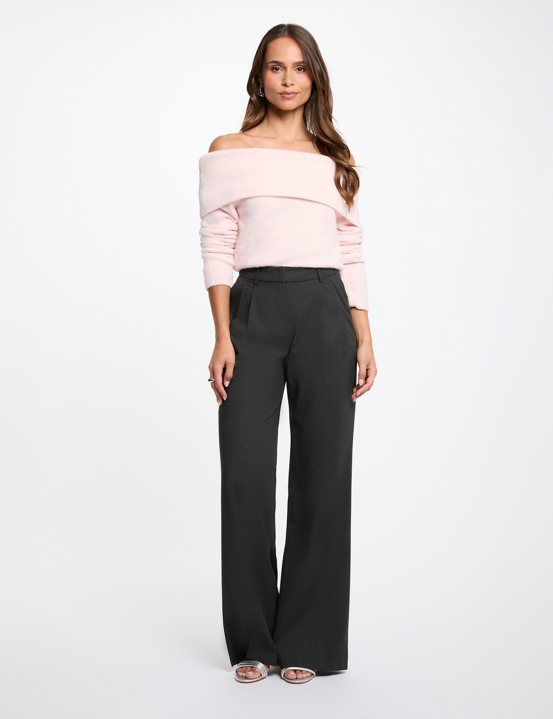 Jersey con cuello bardot rosa claro mujer