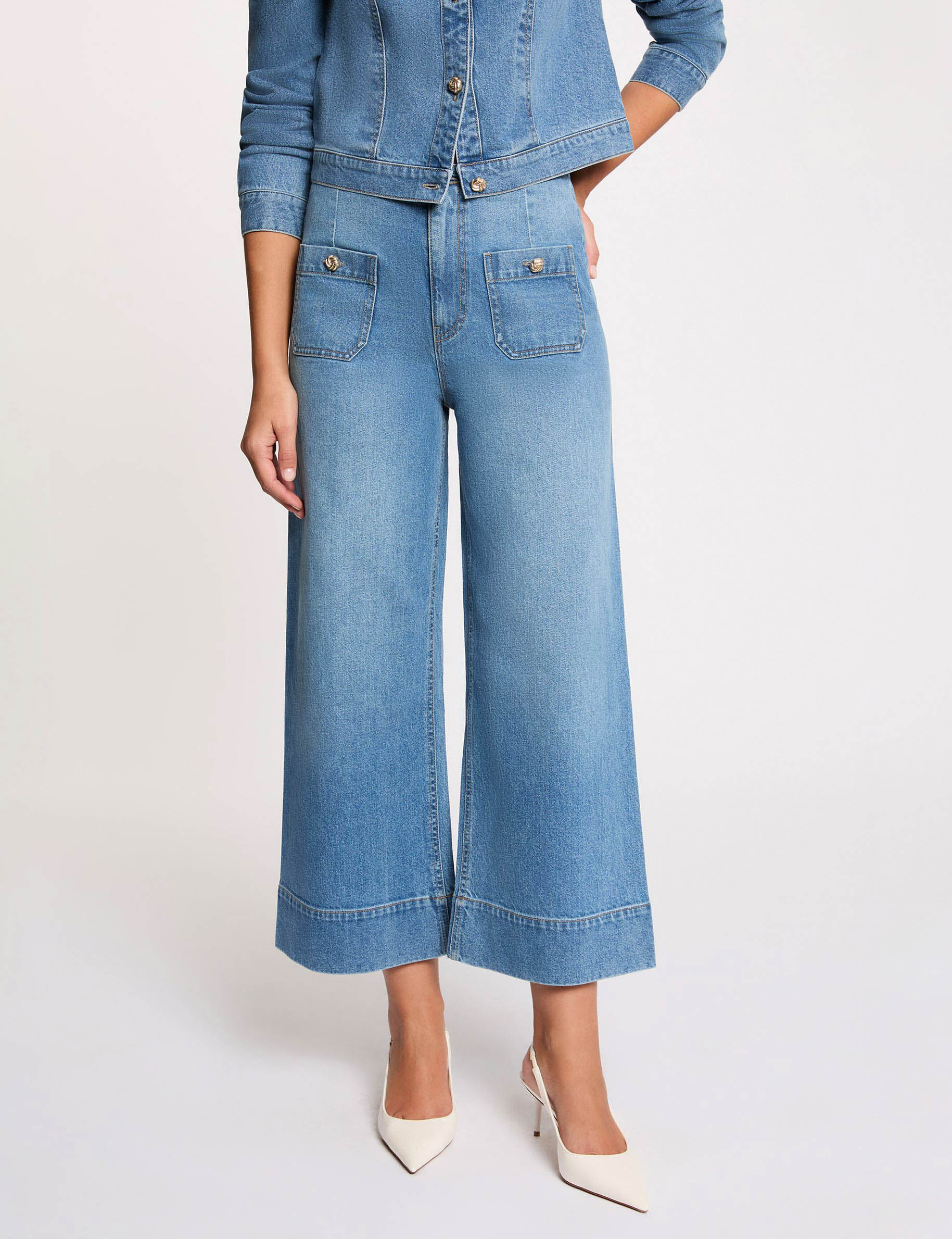 Jean ancho de tiro alto denim stone mujer