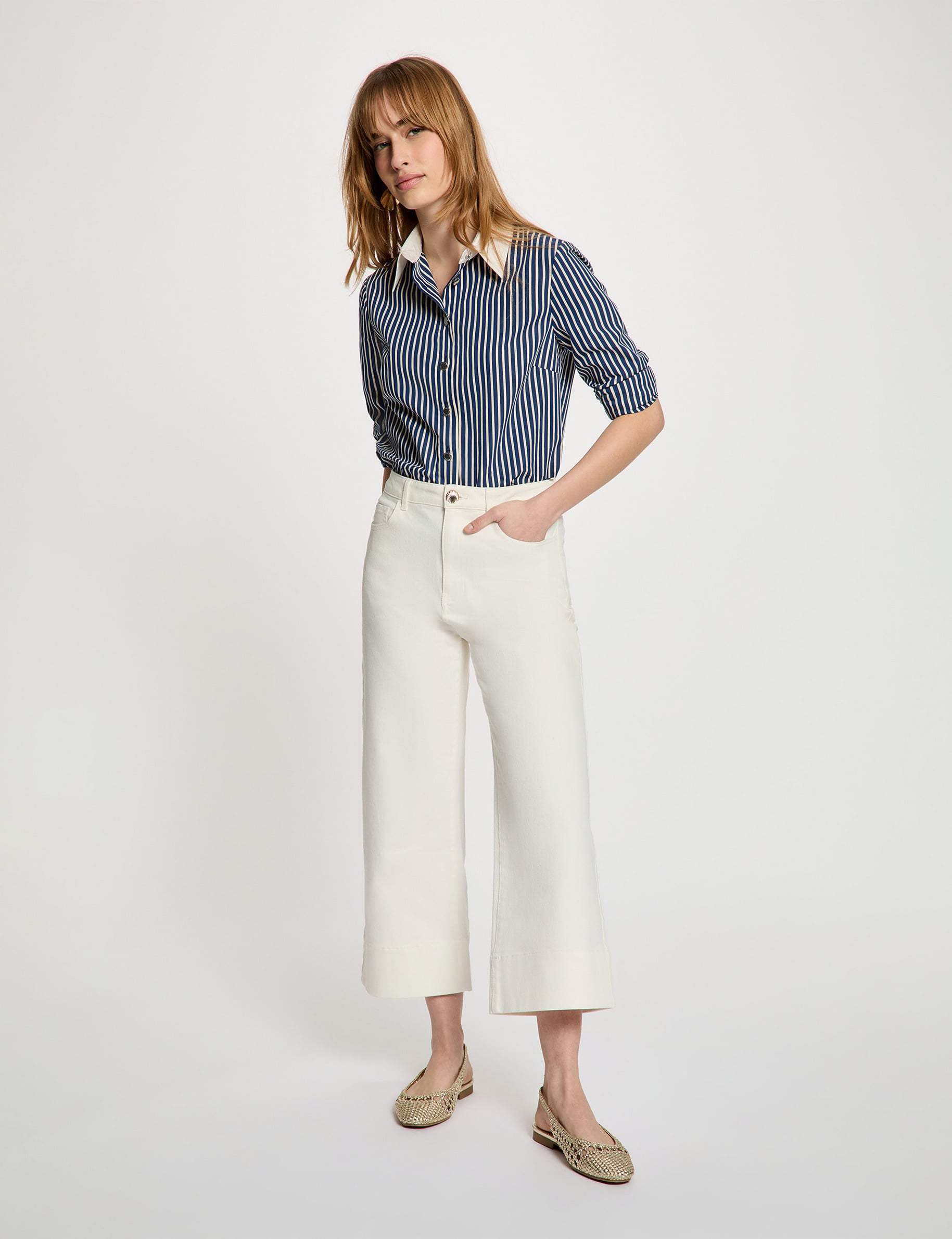 Camisa de rayas con cuello contrastado azul marino mujer