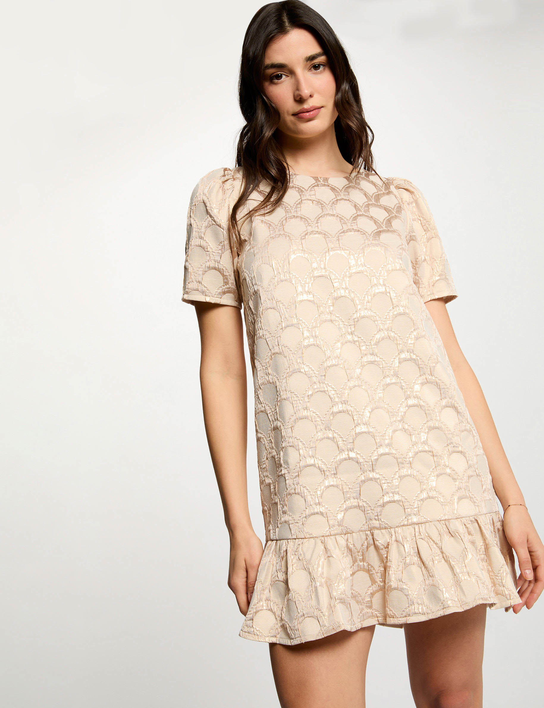 Vestido corto jacquard rosa pastel mujer