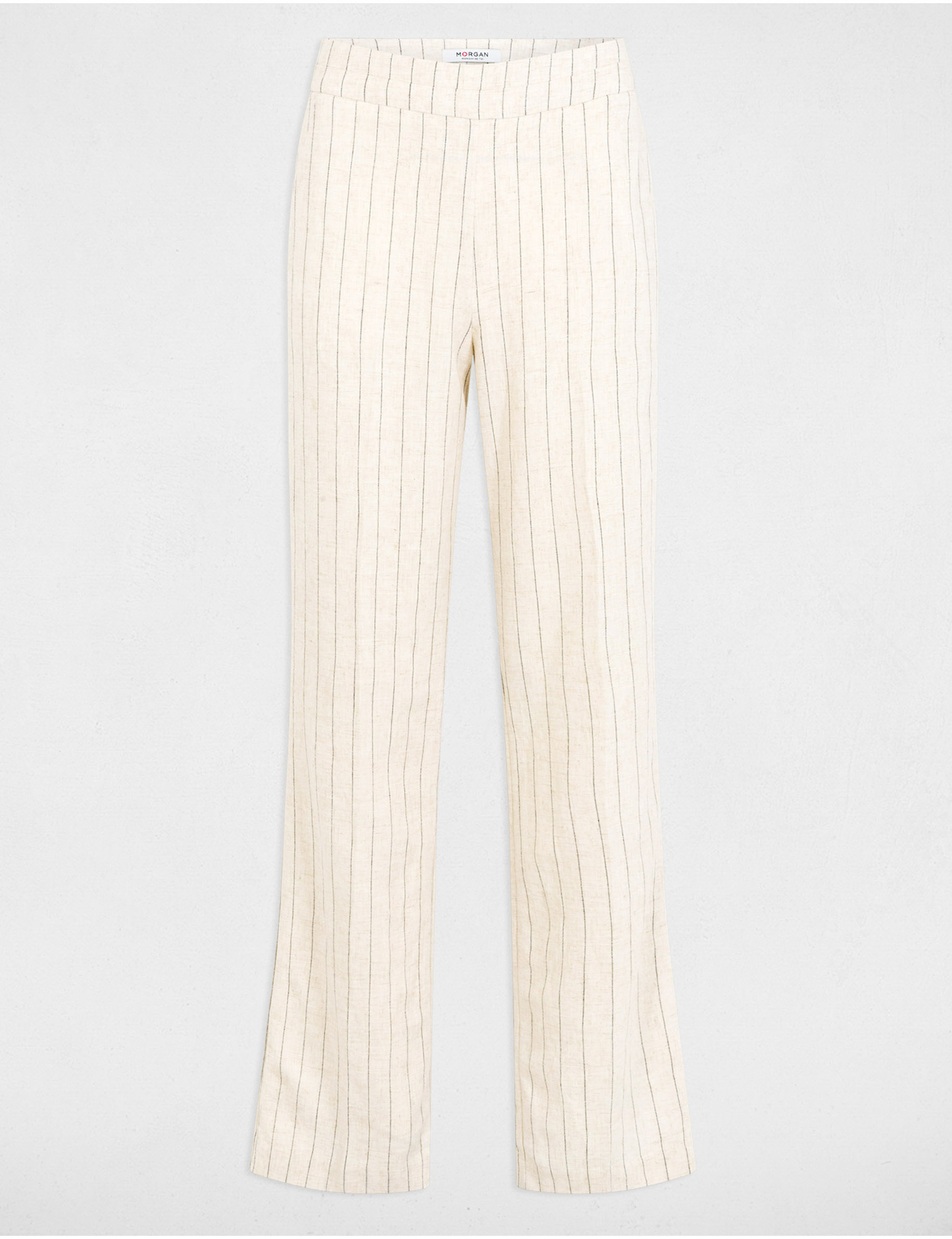 Pantal&oacute;n pernera ancha rayas beige mujer