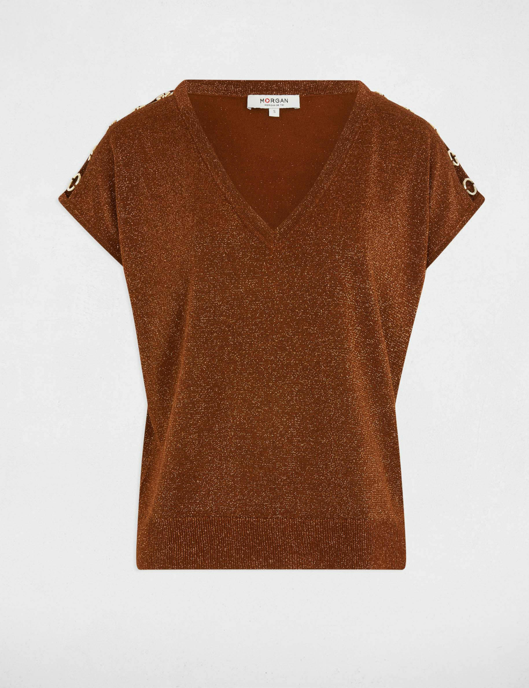 jersey escote en v manga corta marron conac mujer Jersey escote en V manga corta marrón coñac mujer