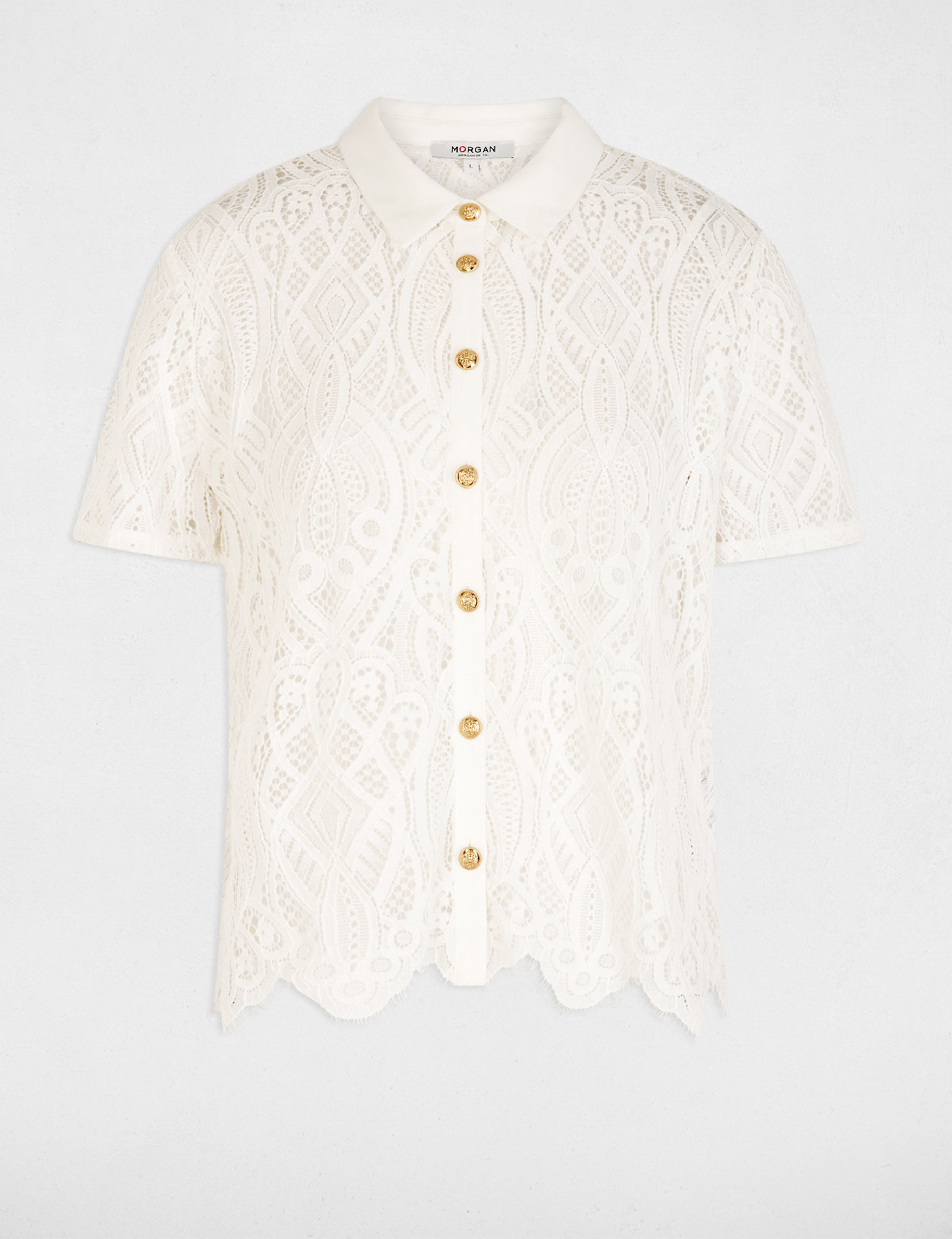 Camisa de encaje con cuello vuelto blanco mujer