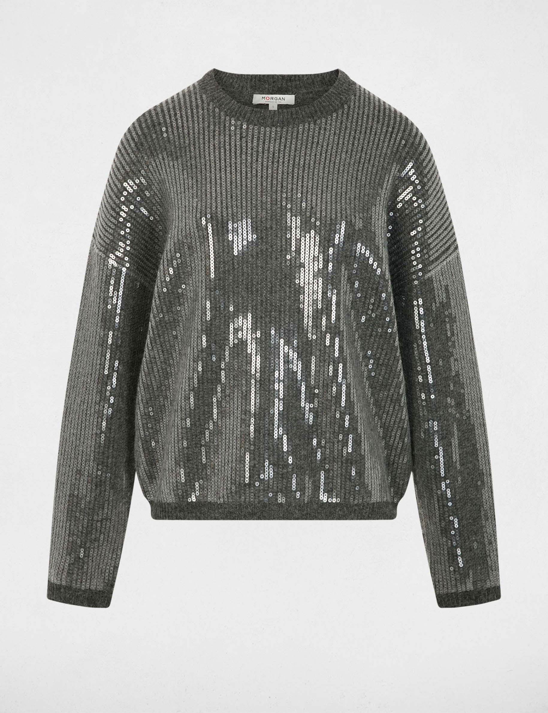 Jersey de lentejuelas cuello redondo gris oscuro mujer