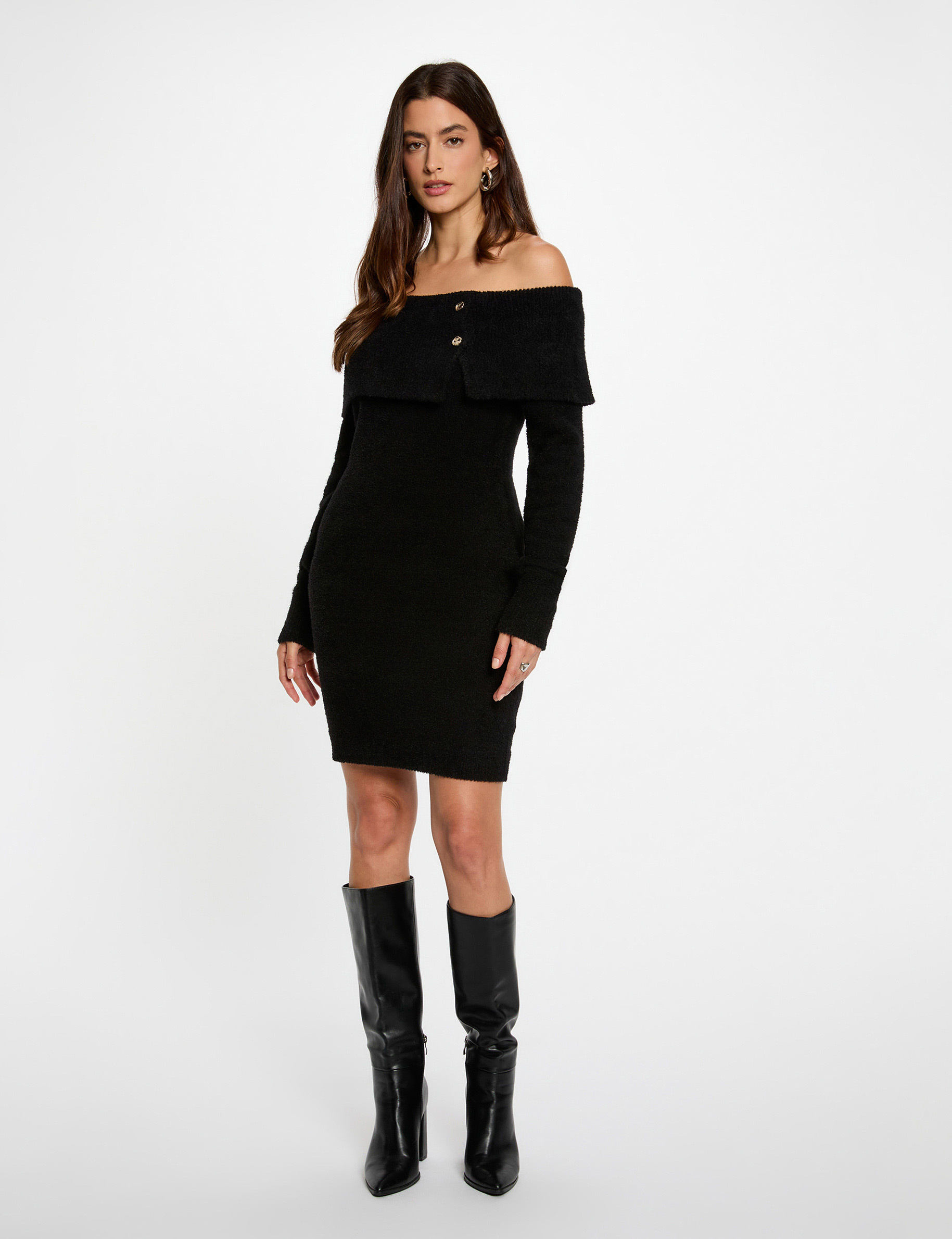 Vestido de punto con cuello bardot negro mujer