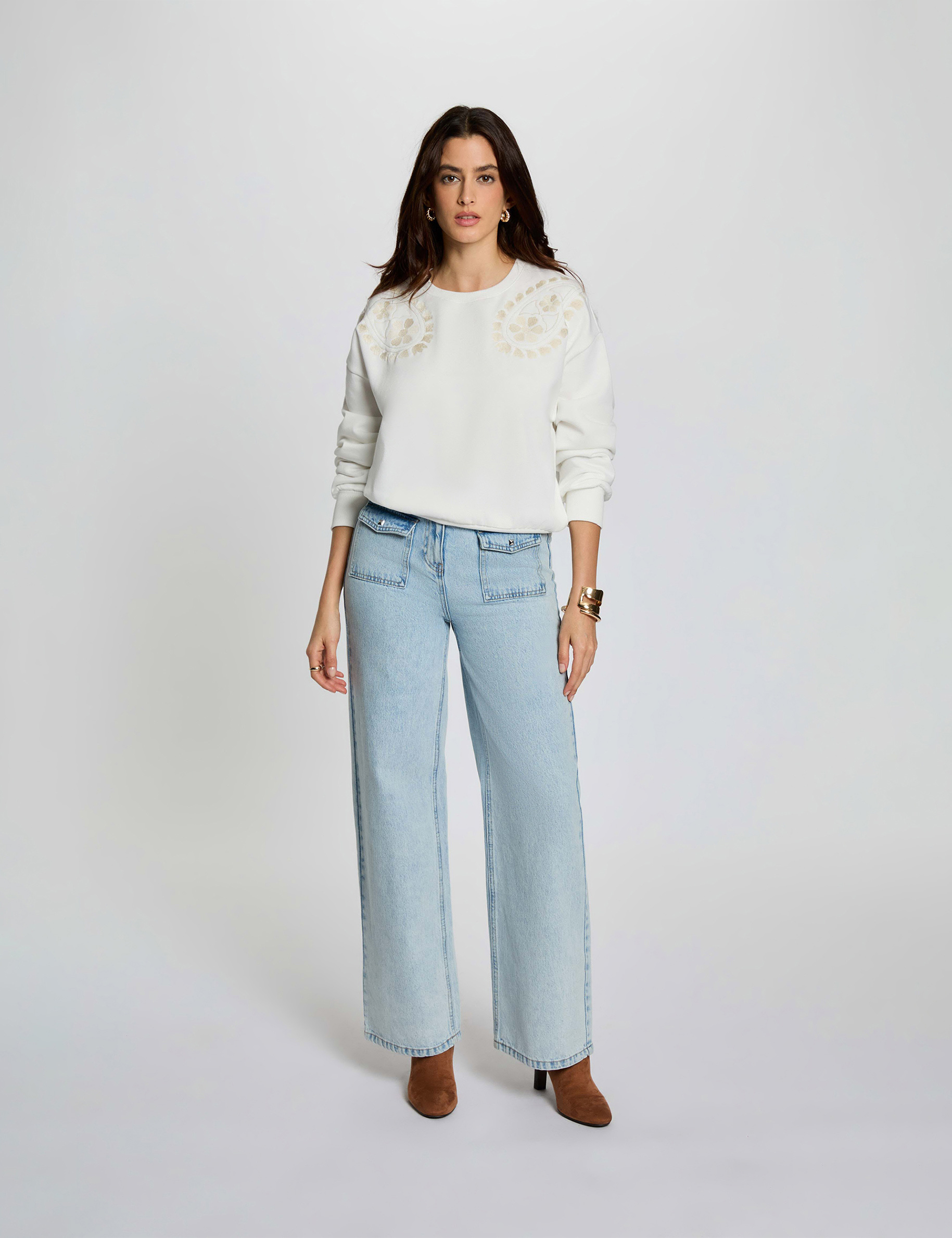 Jersey de punto bordado blanco mujer