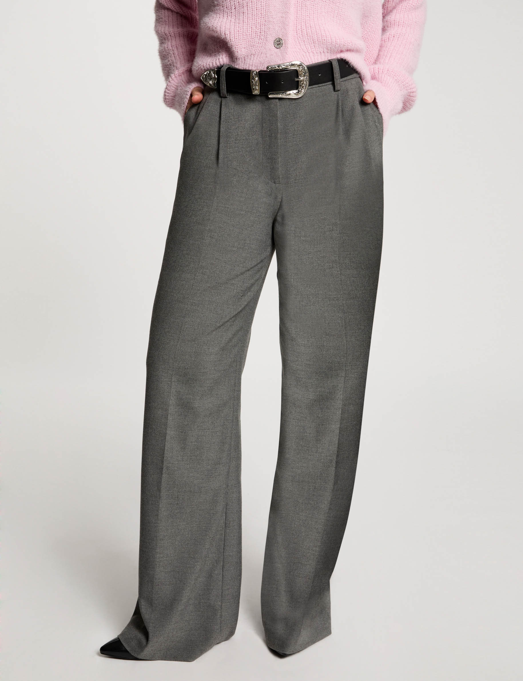 pantalon pernera ancha pinzas gris claro mujer Pantalón pernera ancha pinzas gris claro mujer