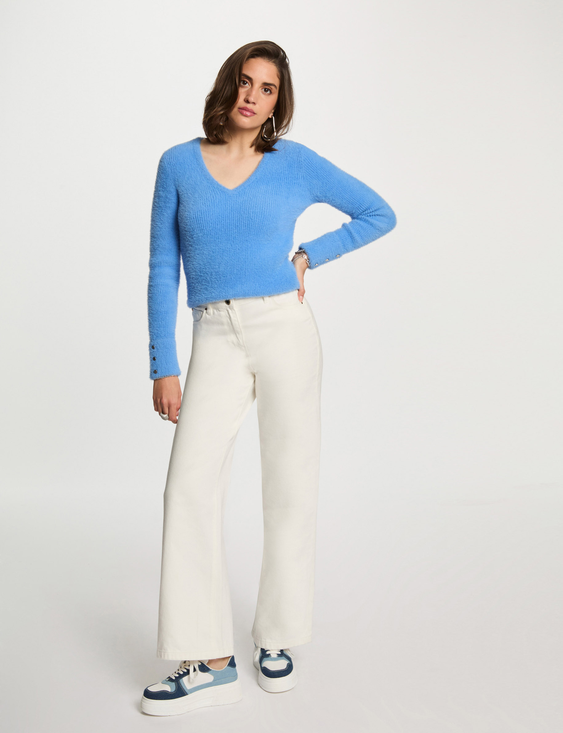 Jersey manga larga punto aterciopelado azul mujer