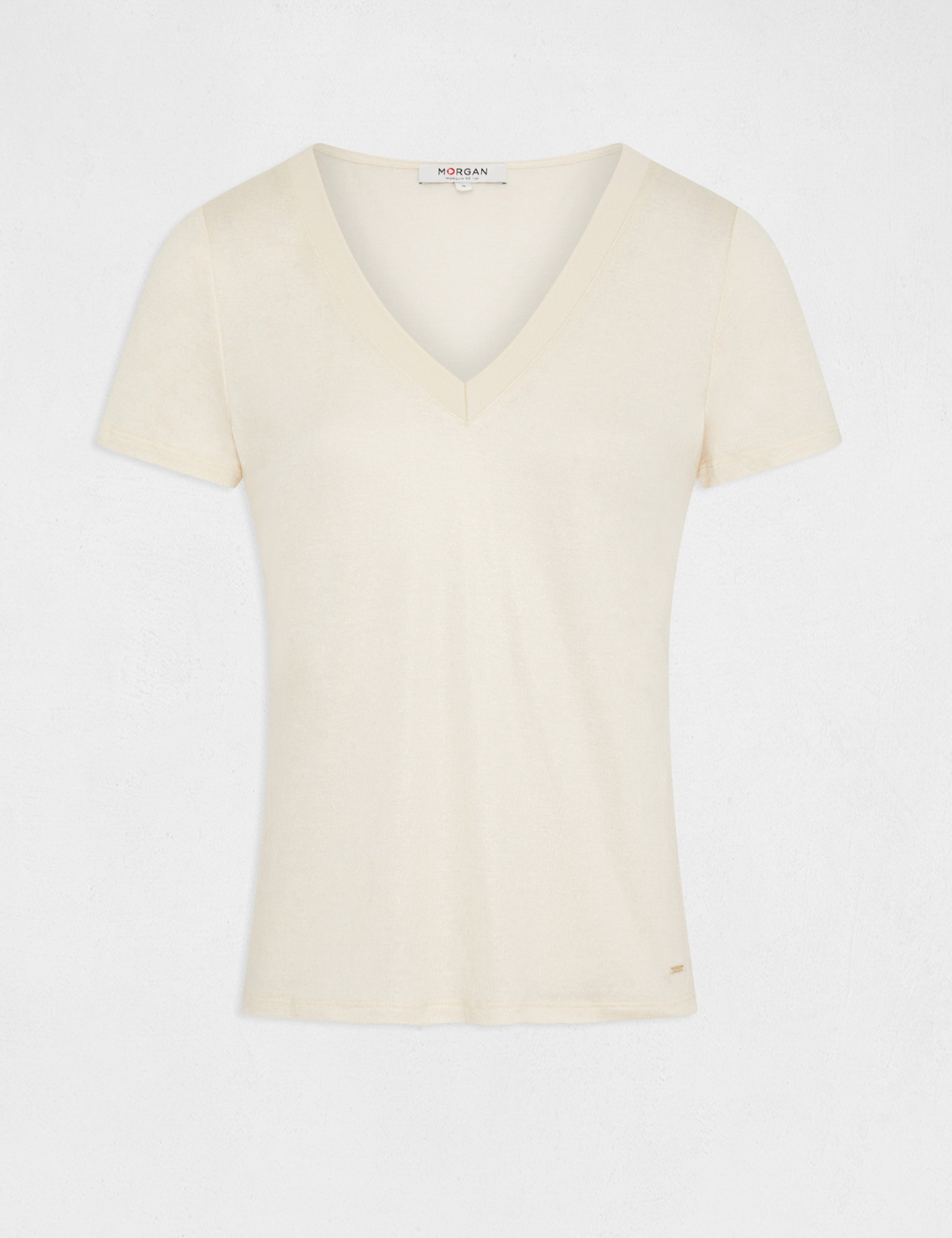 camiseta manga corta hilos metalizados marfil mujer Camiseta manga corta hilos metalizados marfil mujer