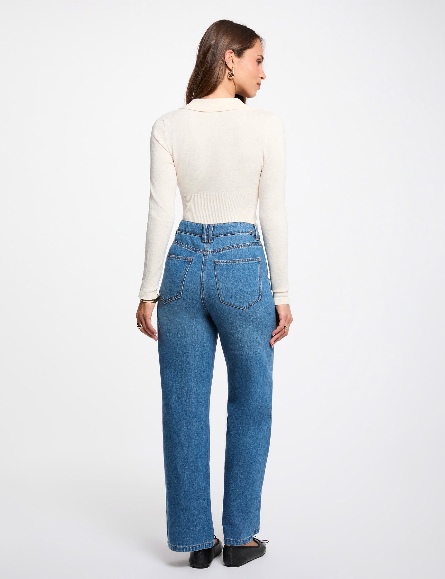 Jersey entallado con cuello polo marfil mujer