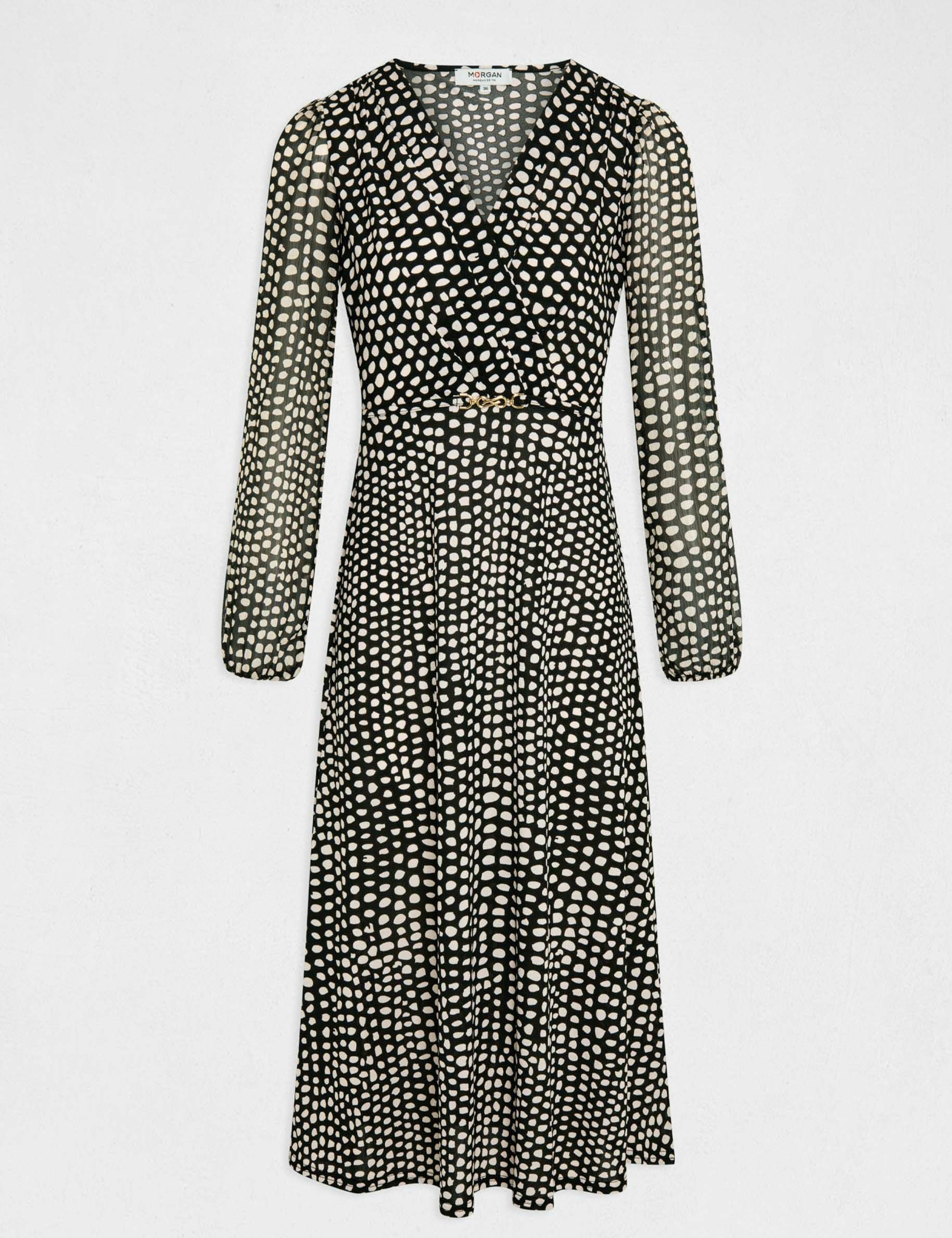 vestido largo recto estampado de lunares negro mujer Vestido largo recto estampado de lunares negro mujer