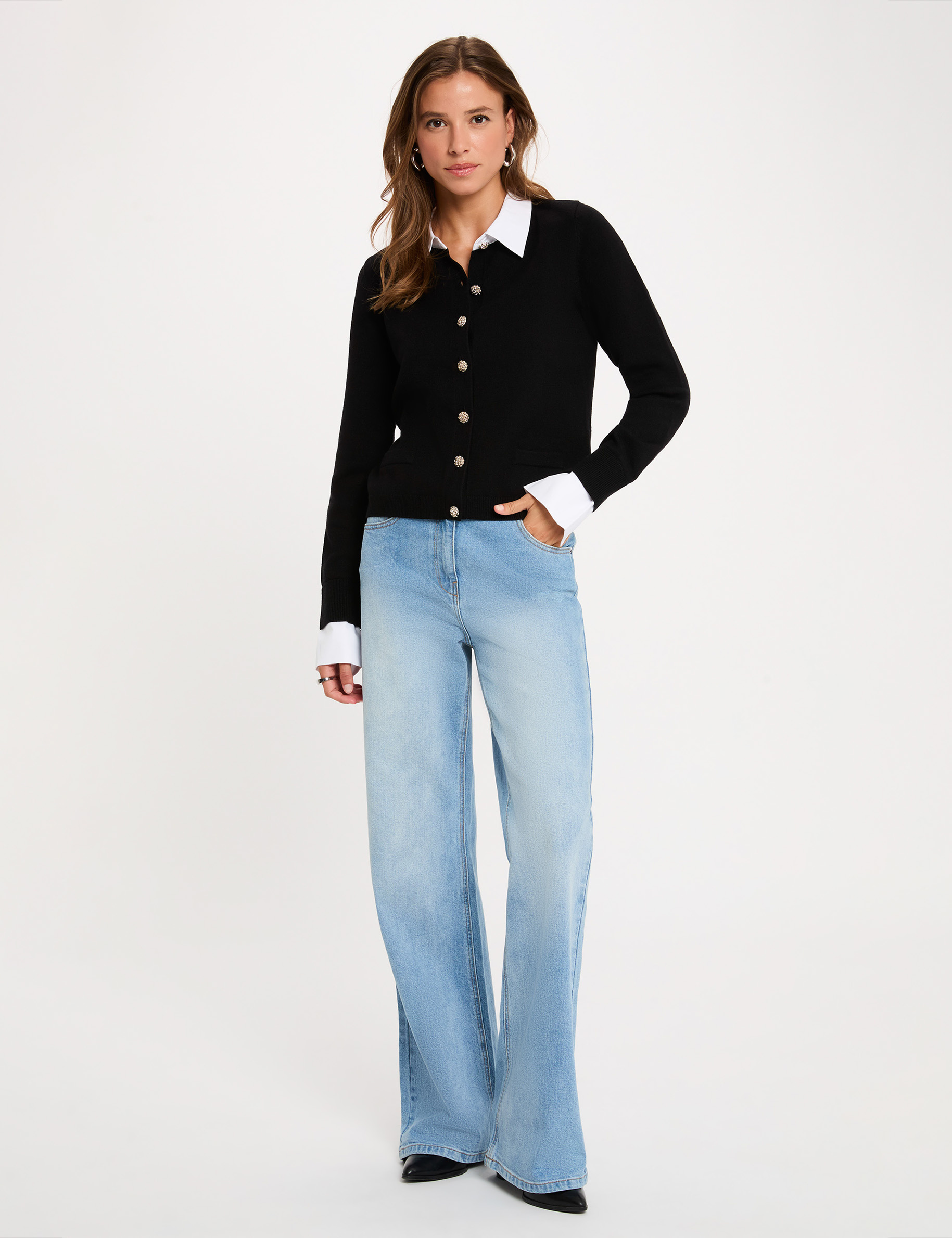 C&aacute;rdigan con cuello de camisa negro mujer