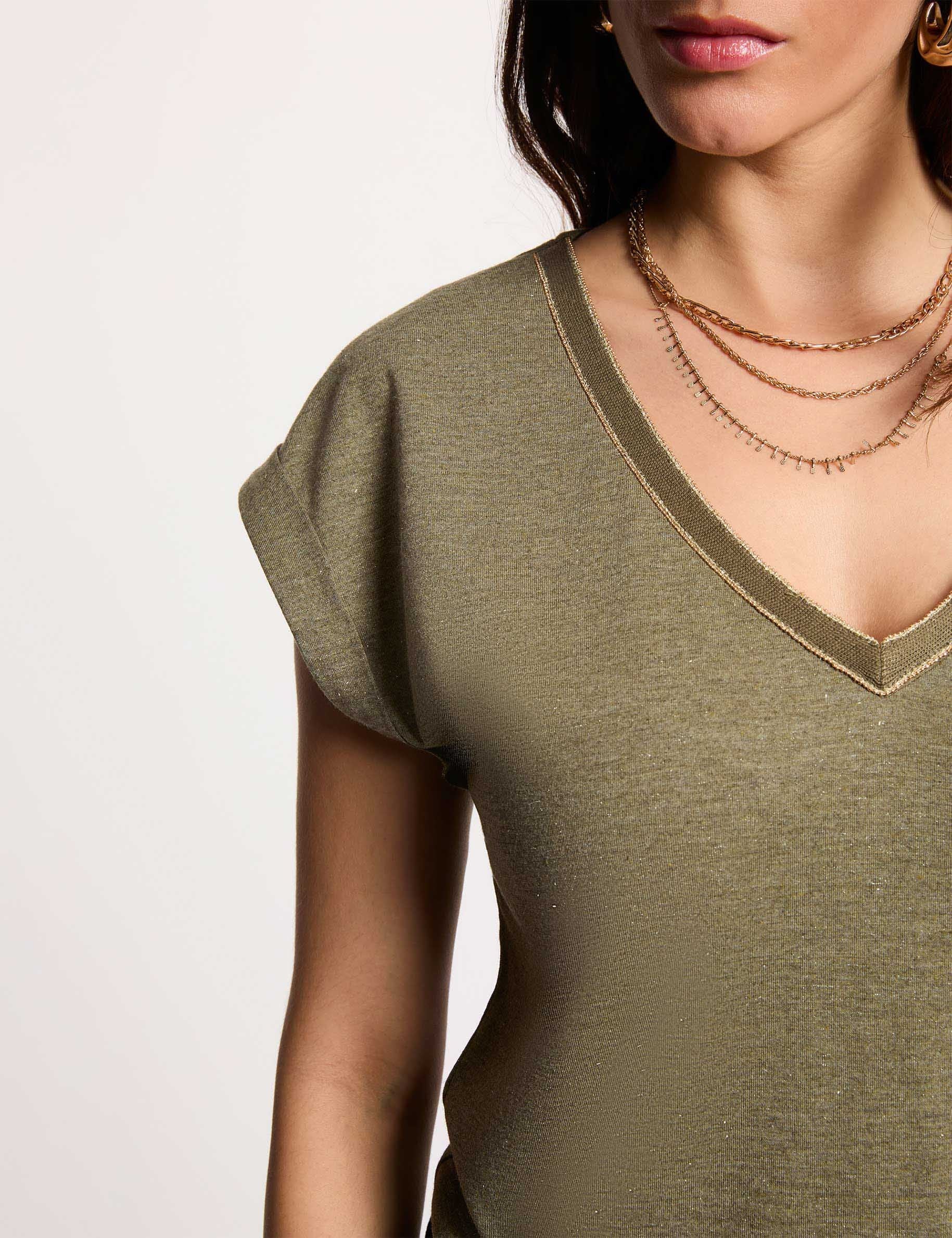 Camiseta de manga corta verde caqui mujer
