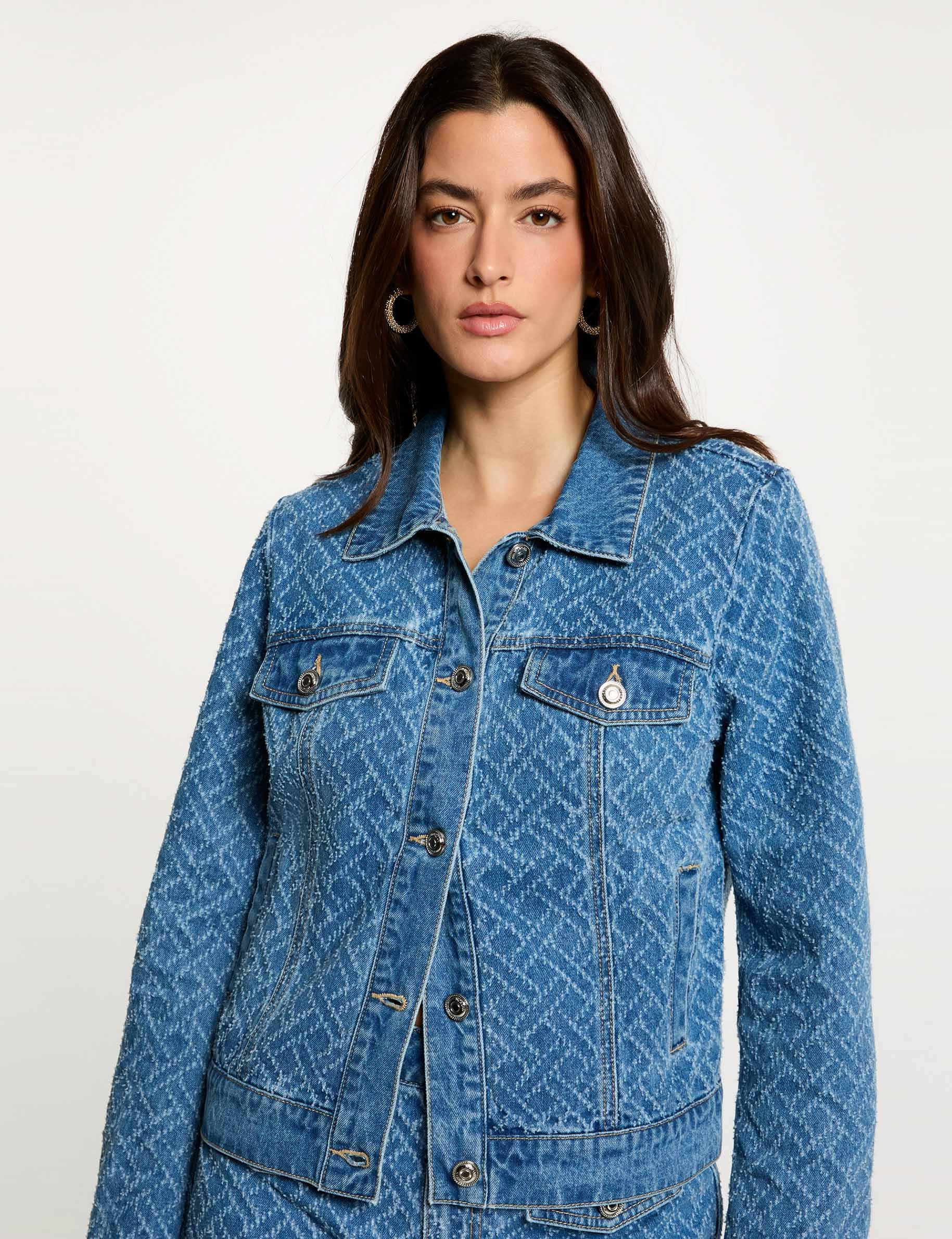 Chaqueta jacquard de espiga denim stone mujer