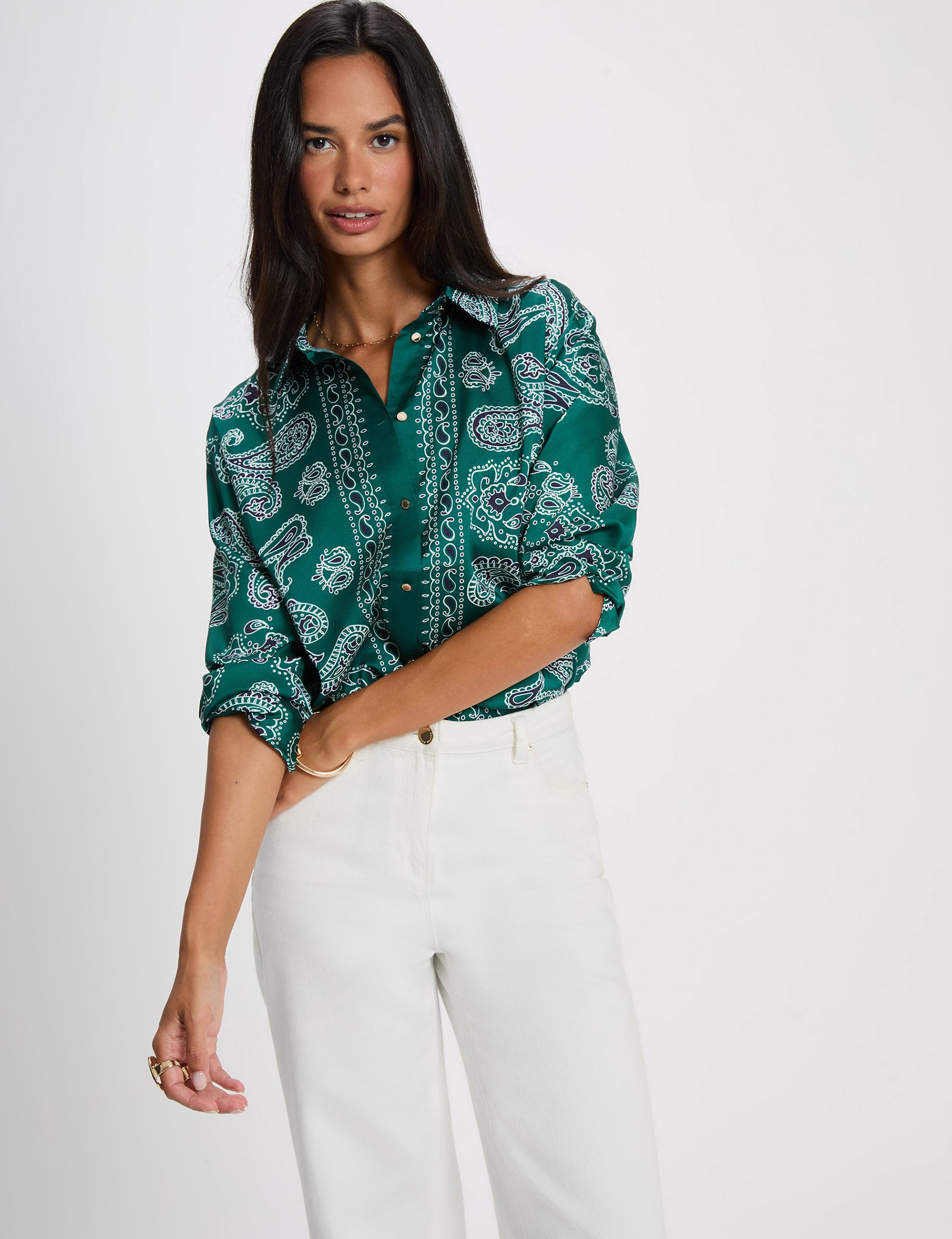 Camisa satinada con cuello abierto multicolor mujer