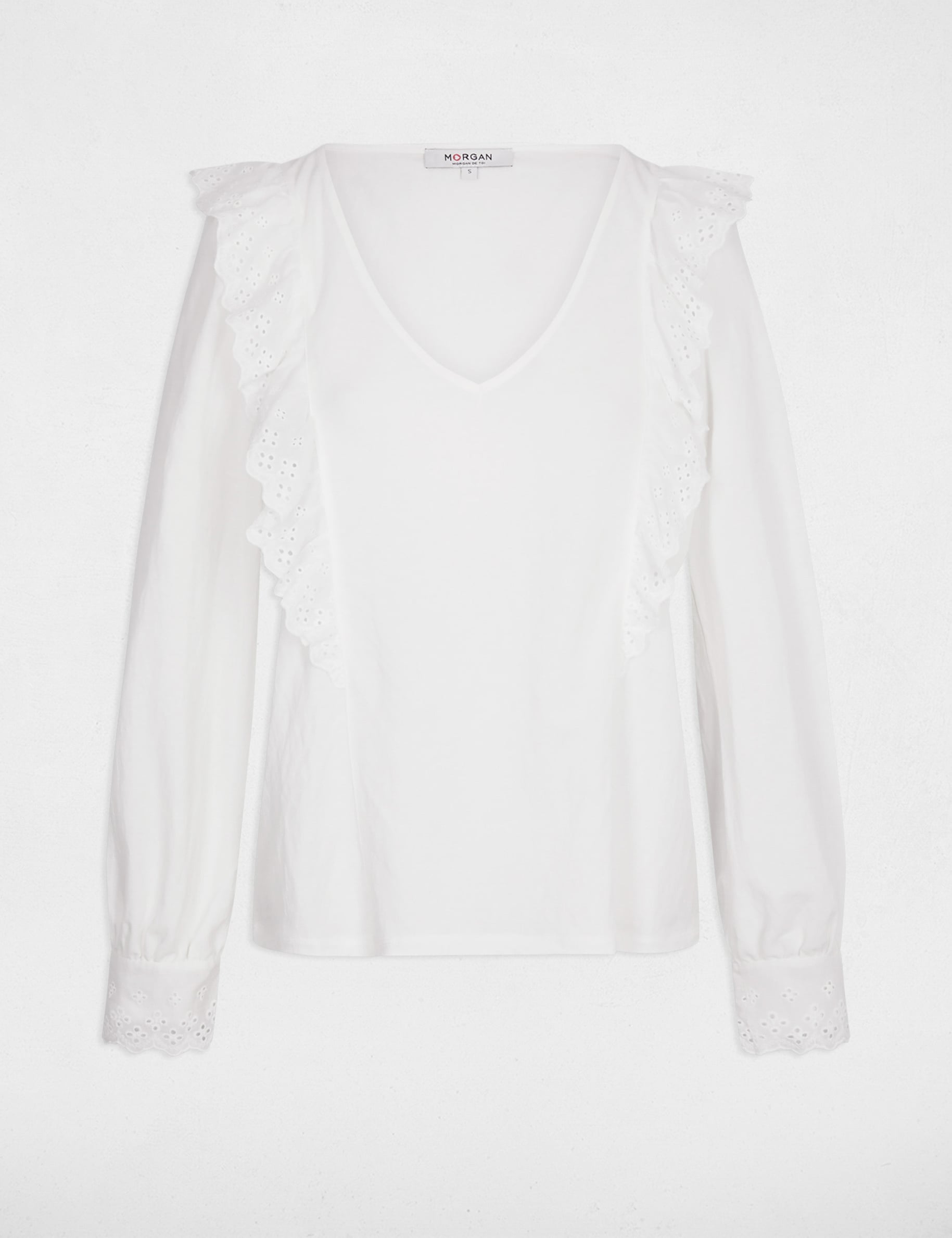 Camiseta bordada cuello en v blanco mujer