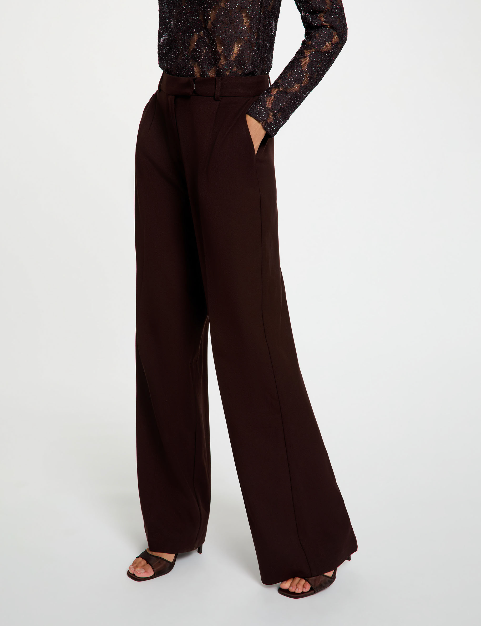 Pantal&oacute;n ancho de tiro alto marr&oacute;n oscuro mujer
