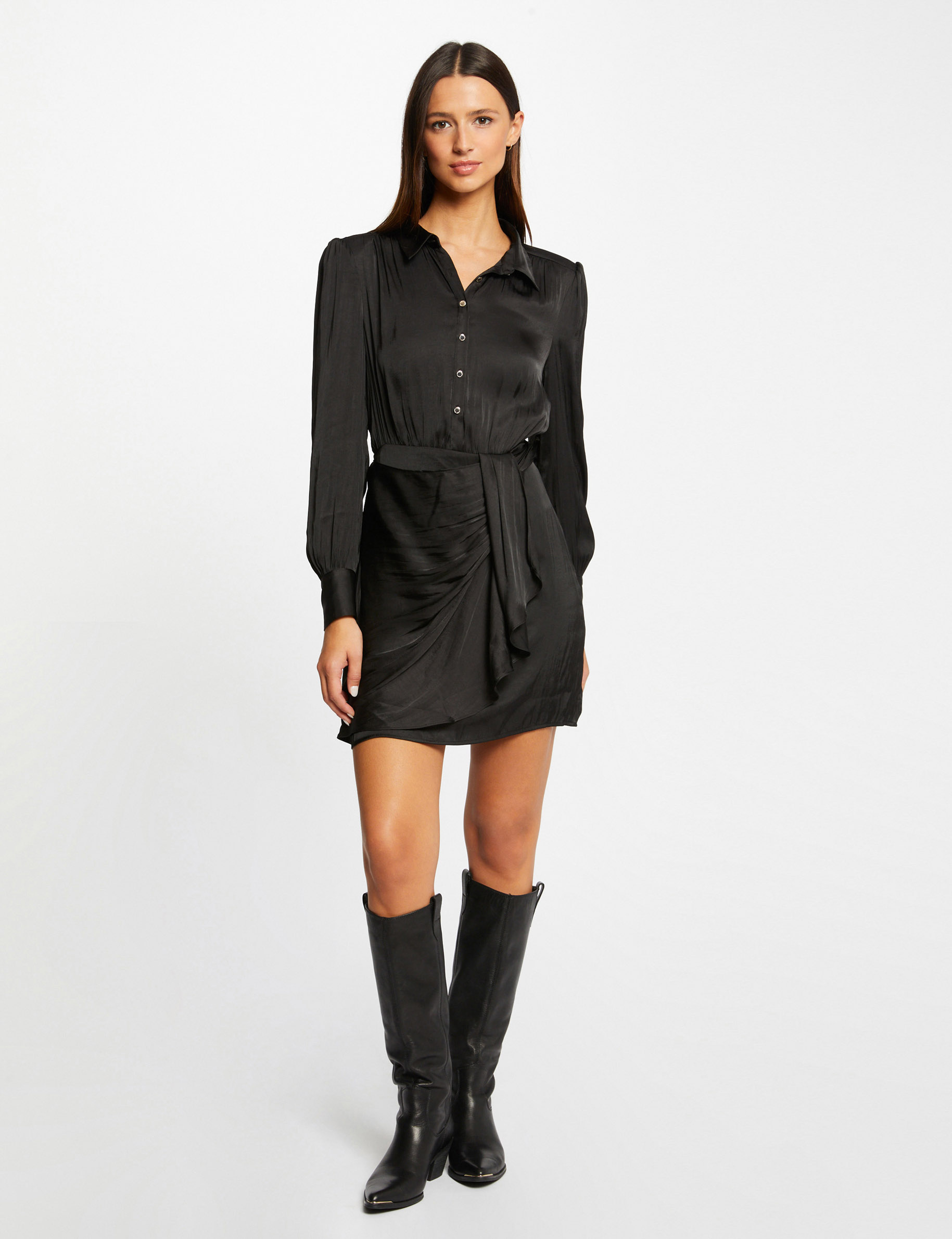 vestido recto drapeado satinado negro mujer Vestido recto drapeado satinado negro mujer