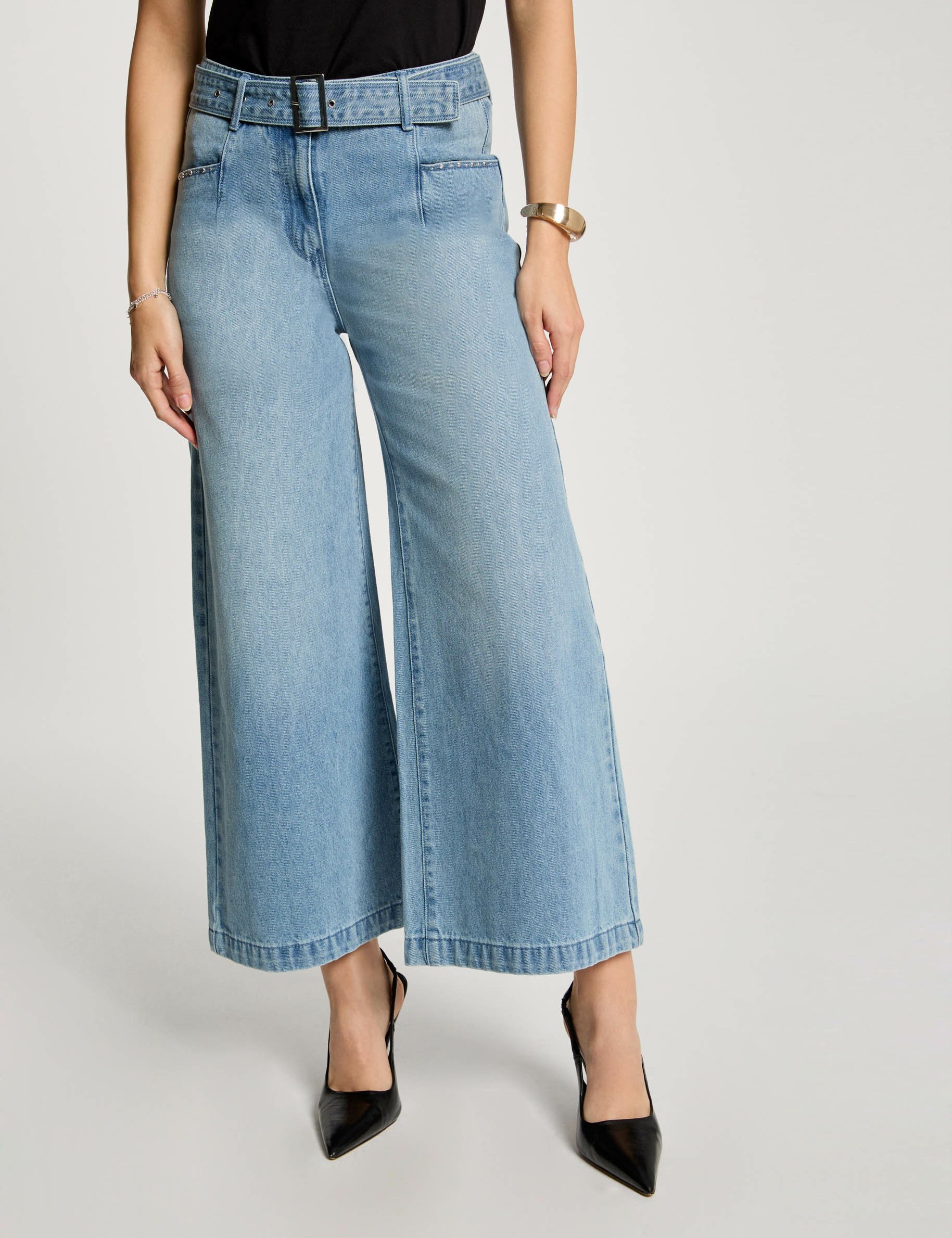 vaquero pernera ancha cinturon denim descolorido mujer Vaquero pernera ancha cinturón denim descolorido mujer