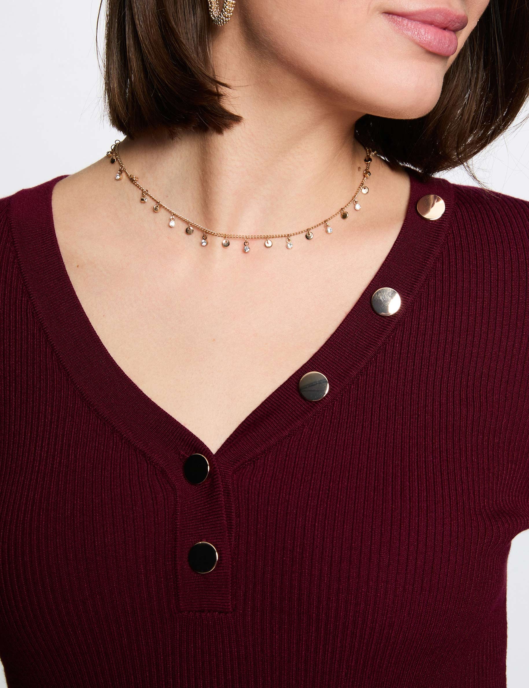 Jersey ajustado con cuello en V burdeos mujer