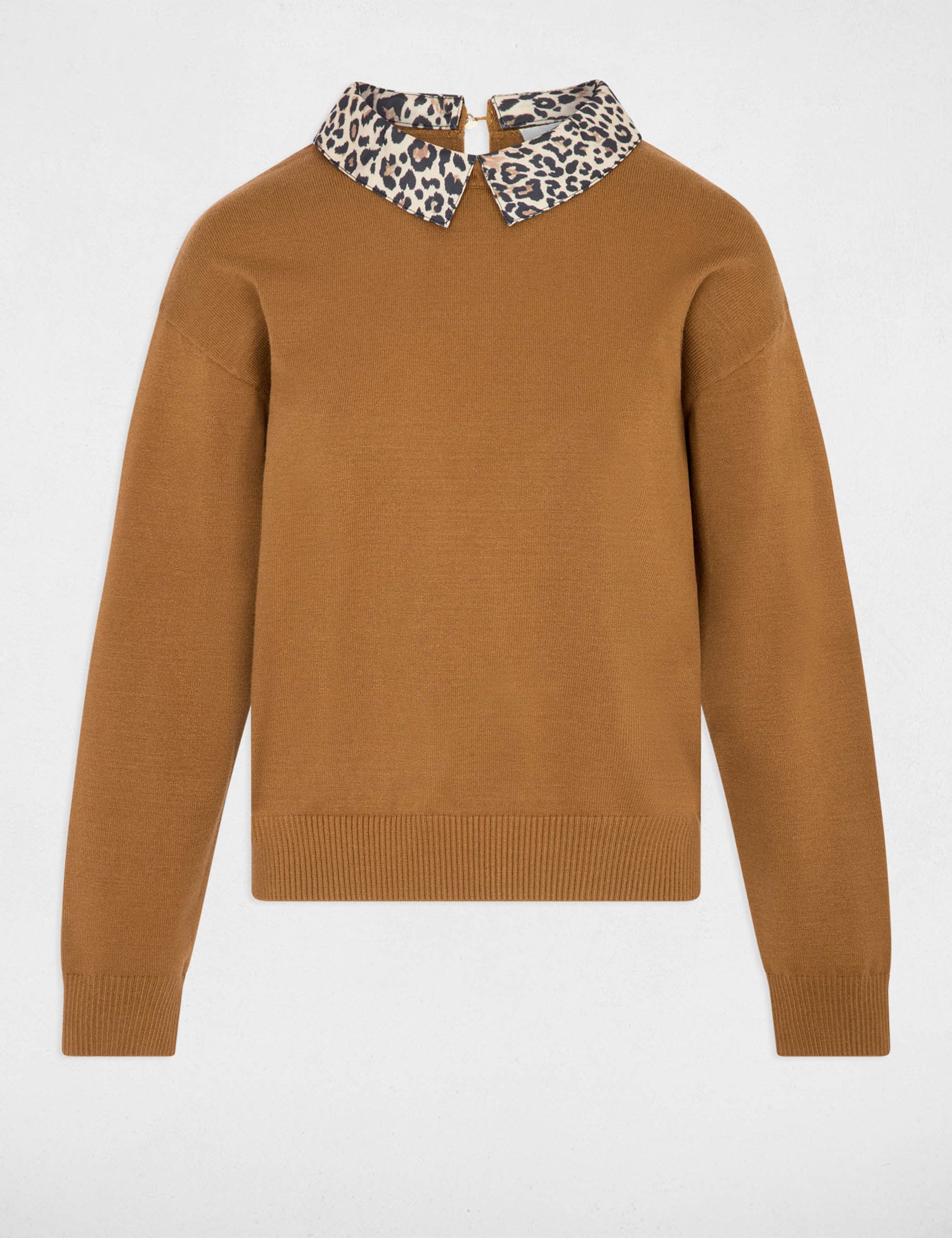 Jersey con cuello de leopardo c&aacute;mel mujer