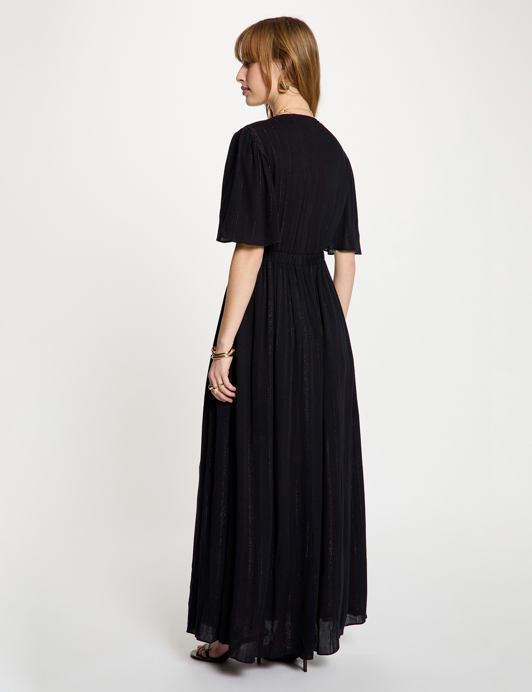 Vestido largo con cuello en V azul marino mujer