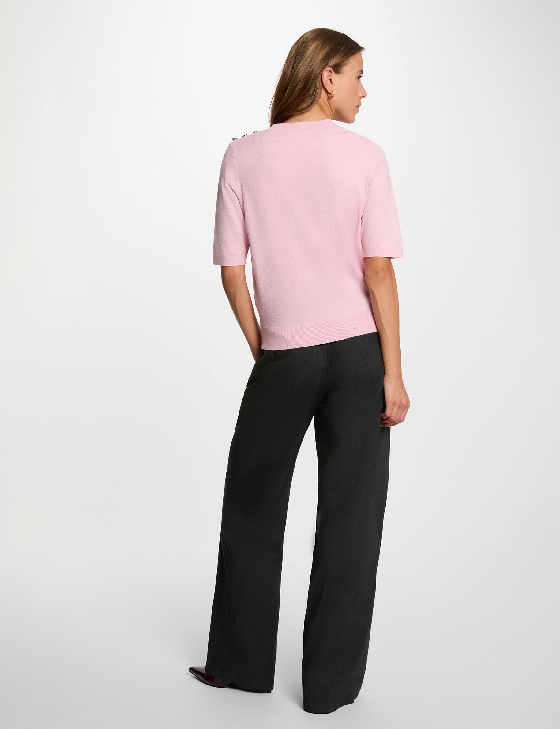 Jersey cuello redondo mangas cortas rosa pastel mujer