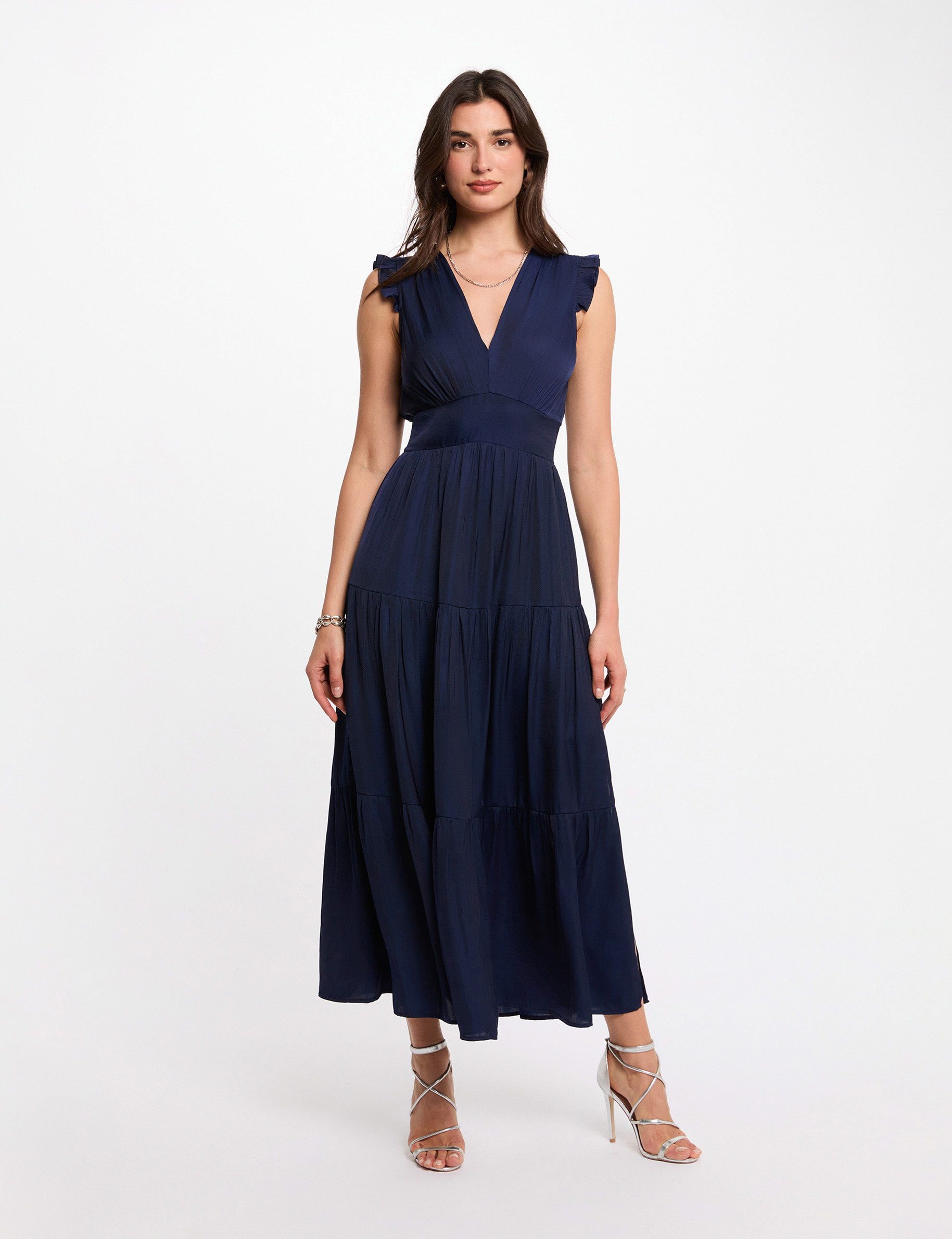 Vestido largo con cuello en V azul marino mujer