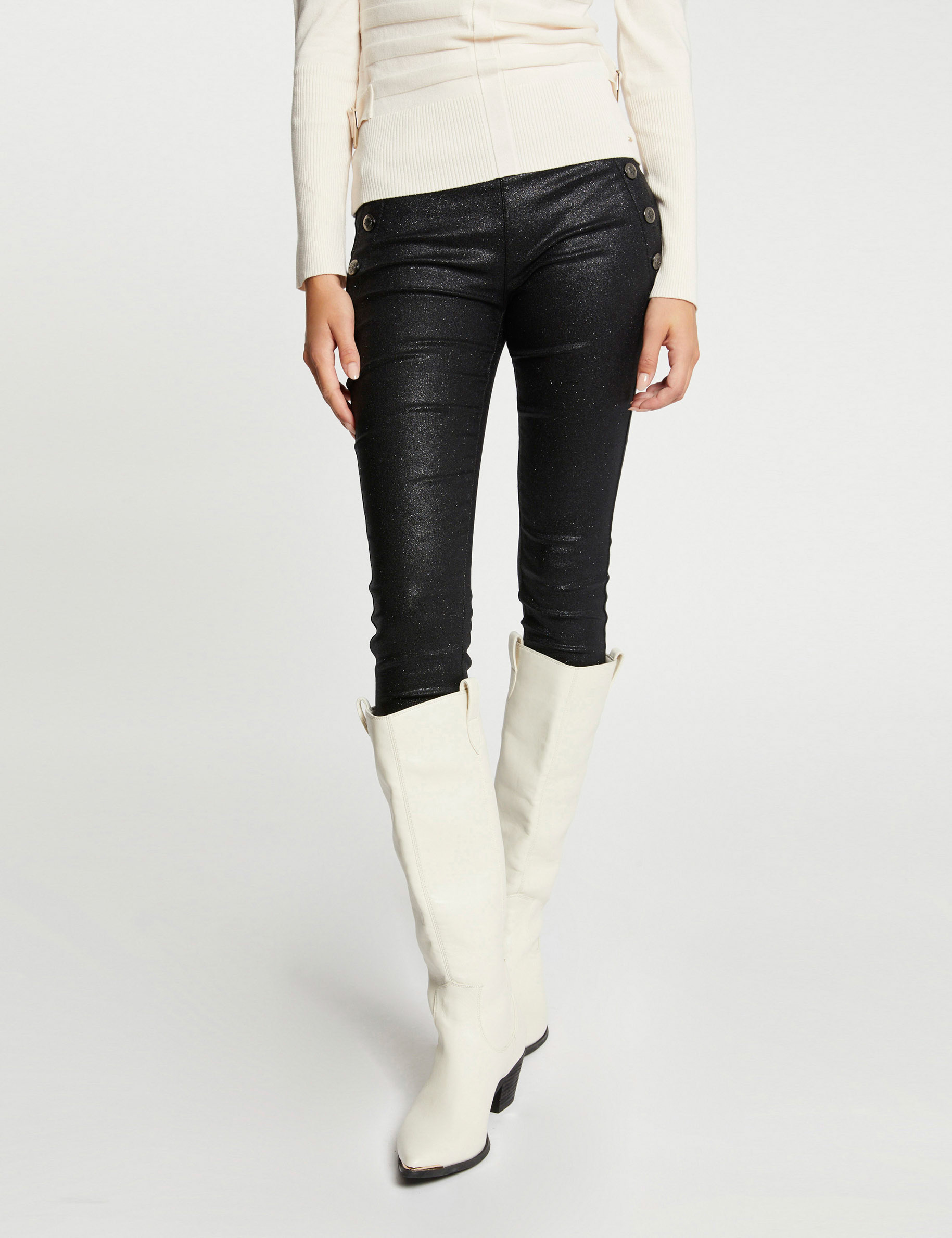 Pantalón skinny mojado y lentejuelas negro mujer