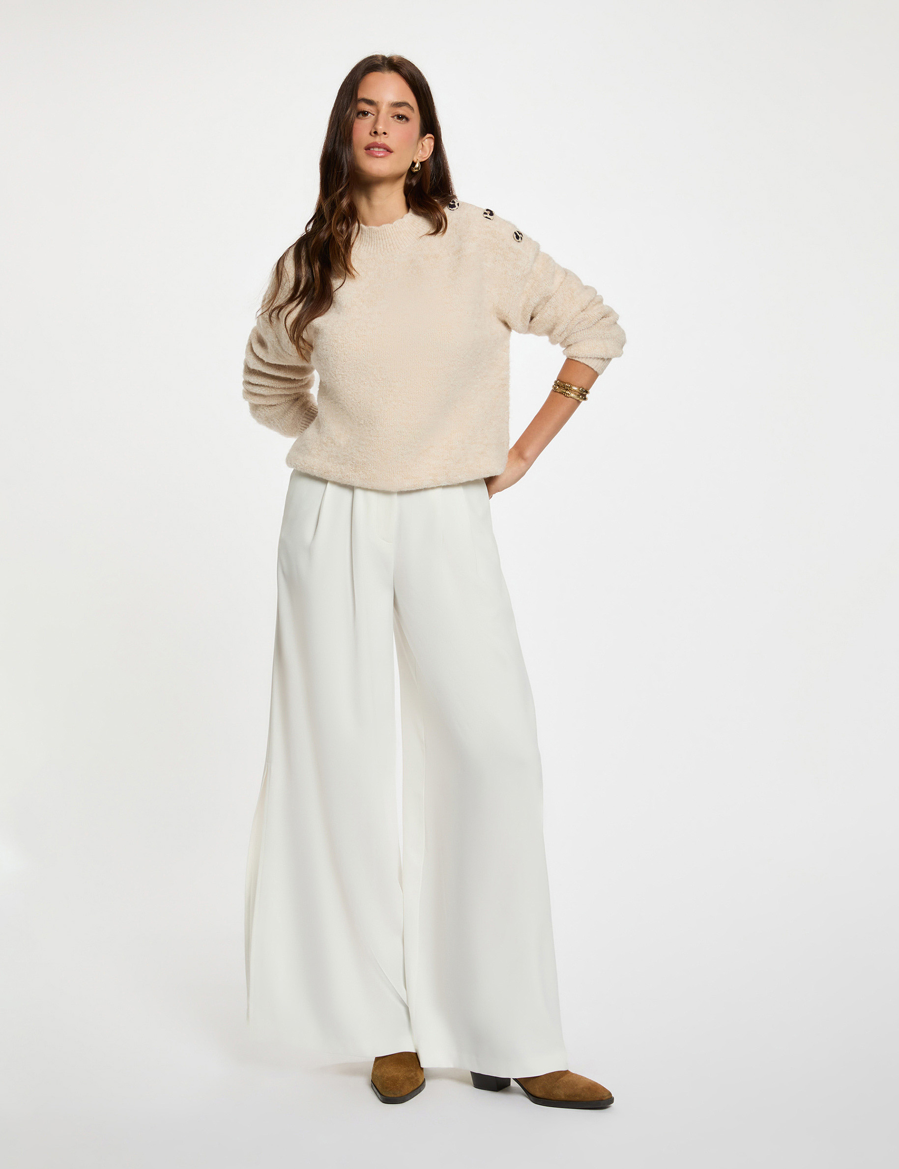 Jersey corto cuello fantas&iacute;a beige mujer