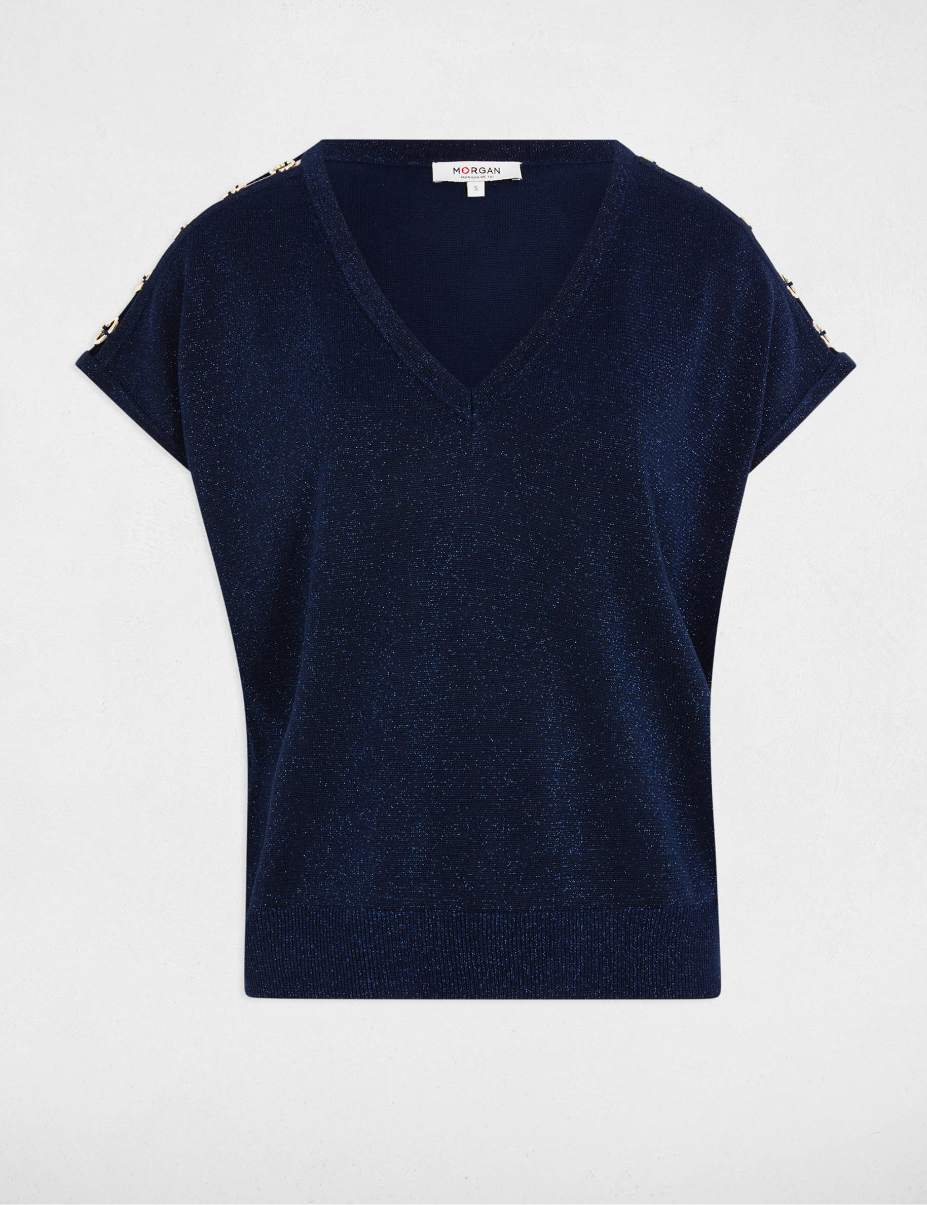 jersey escote en v manga corta azul petroleo mujer Jersey escote en V manga corta azul petróleo mujer