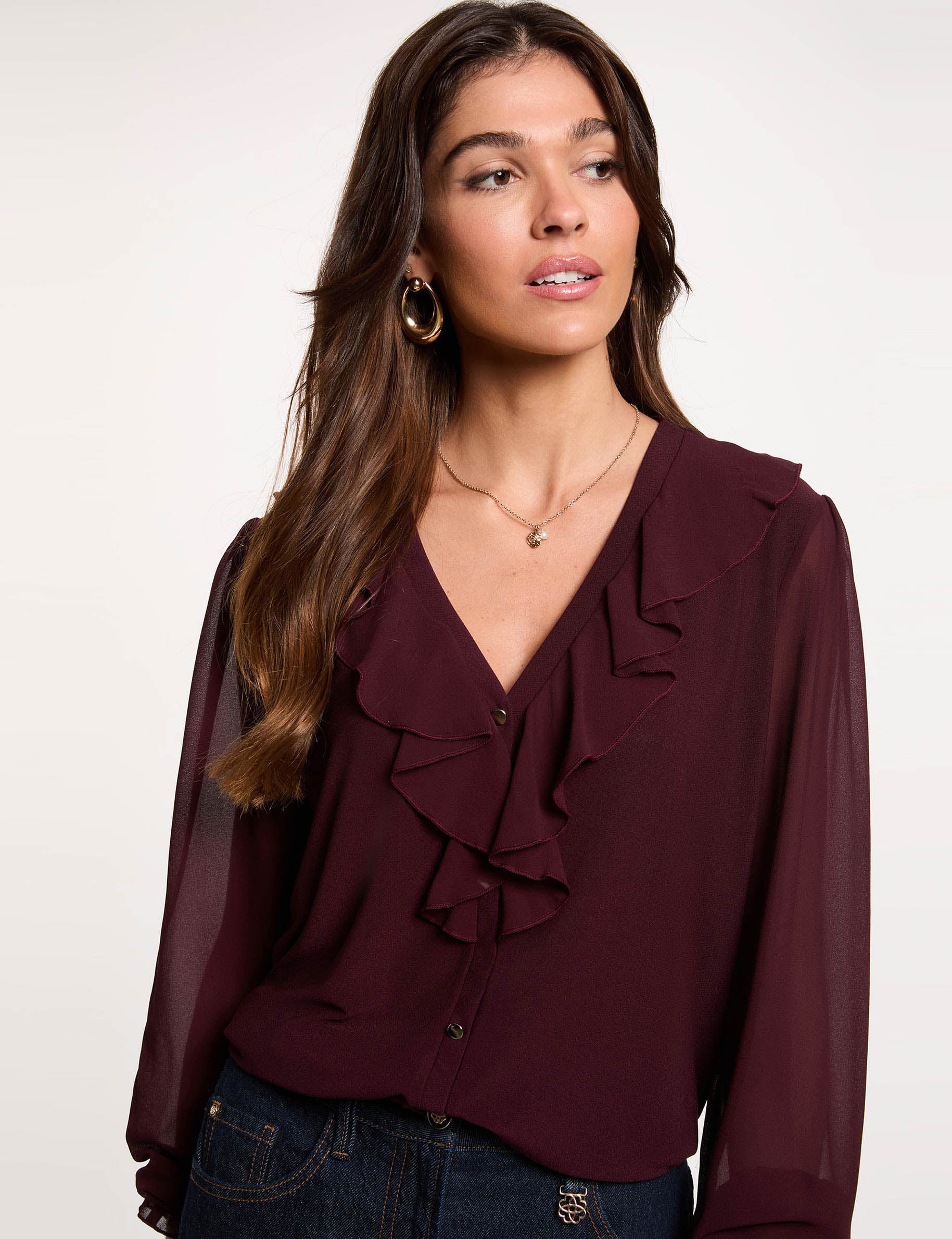 Camiseta de gasa con cuello en v ciruela mujer