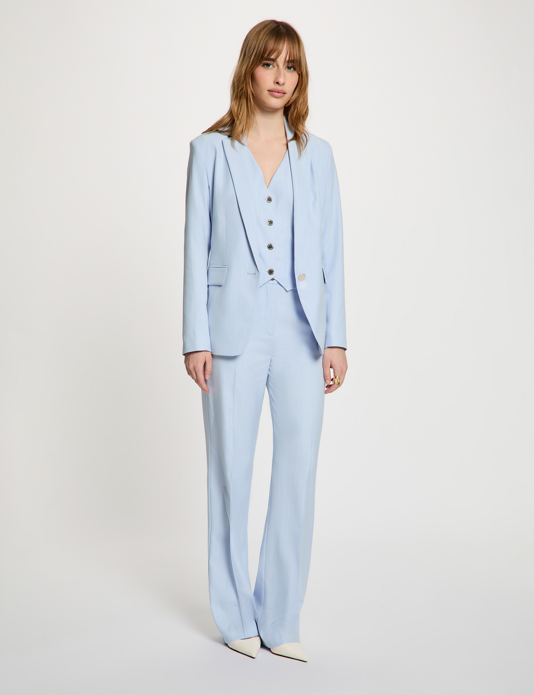 Chaqueta entallada de rayas azul cielo mujer