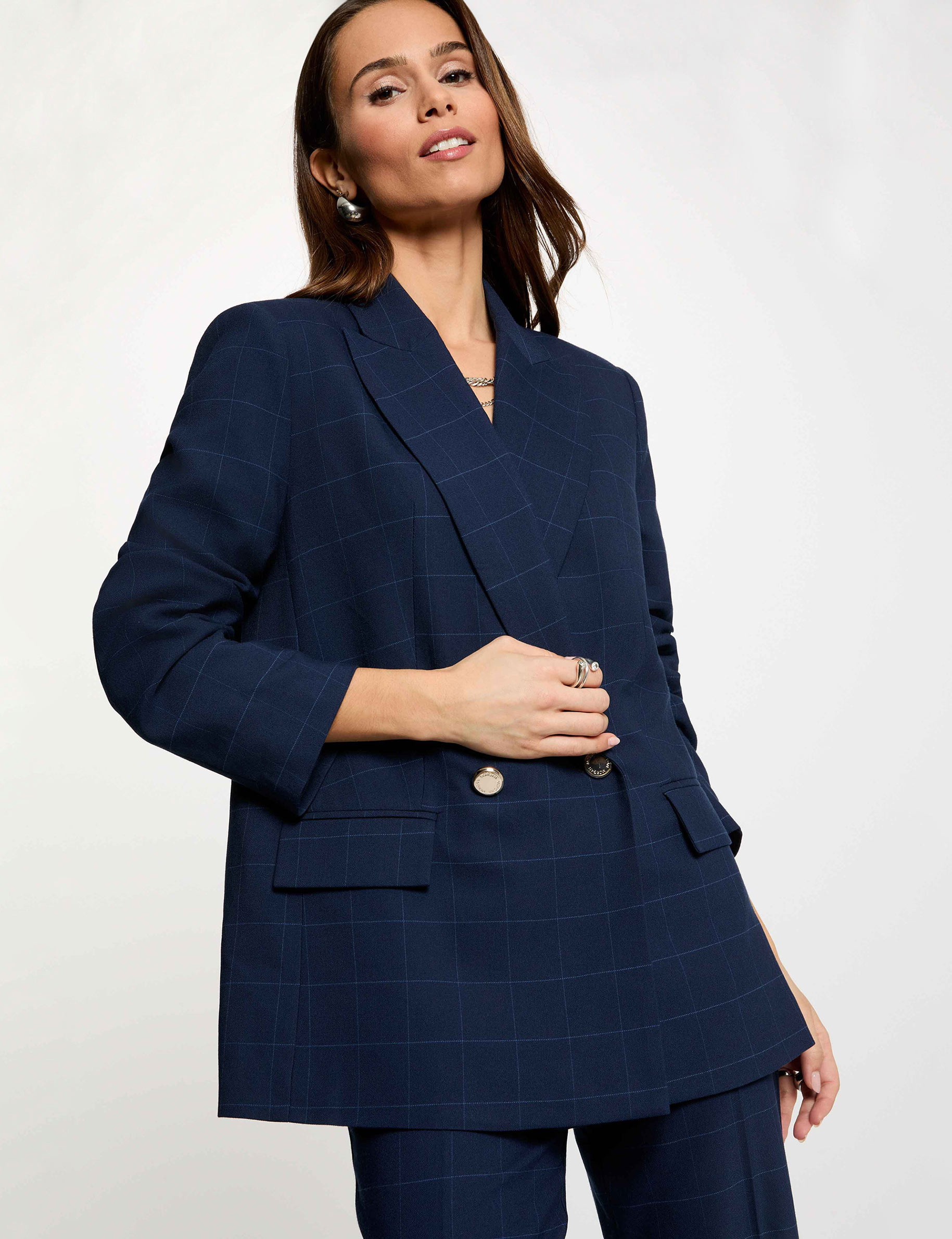 Blazer recto de cuadros azul marino mujer