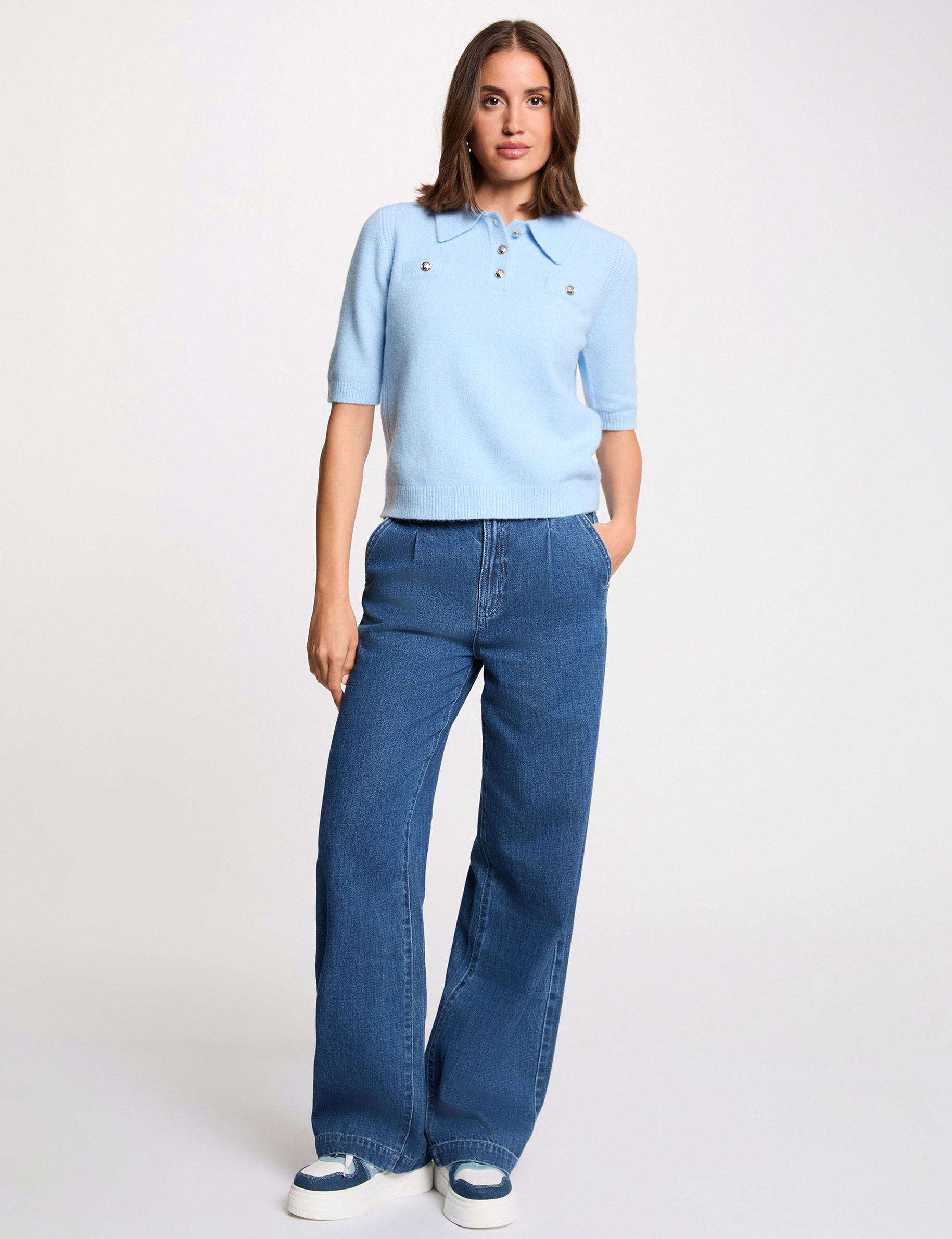 Jersey ajustado con cuello vuelto azul claro mujer