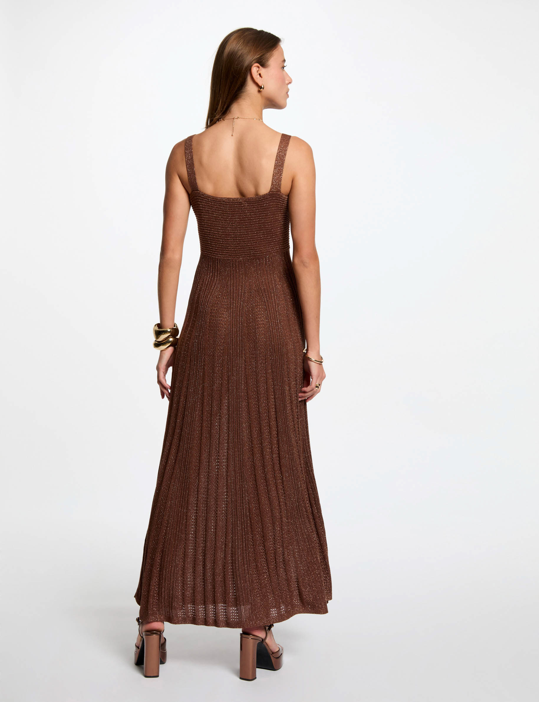 vestido punto largo recto marron conac mujer Vestido punto largo recto marrón coñac mujer