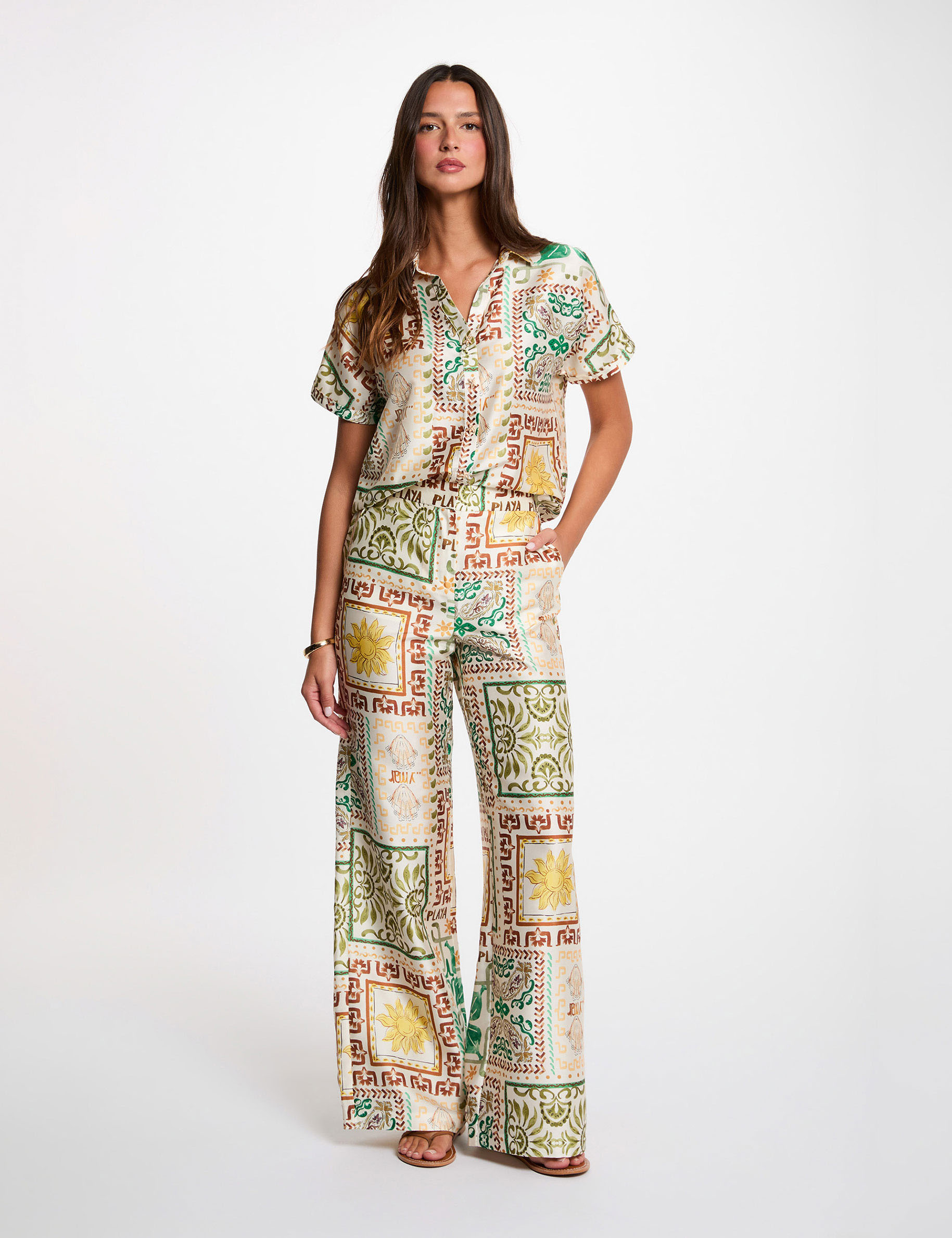 Camisa satinada estampada multicolor mujer