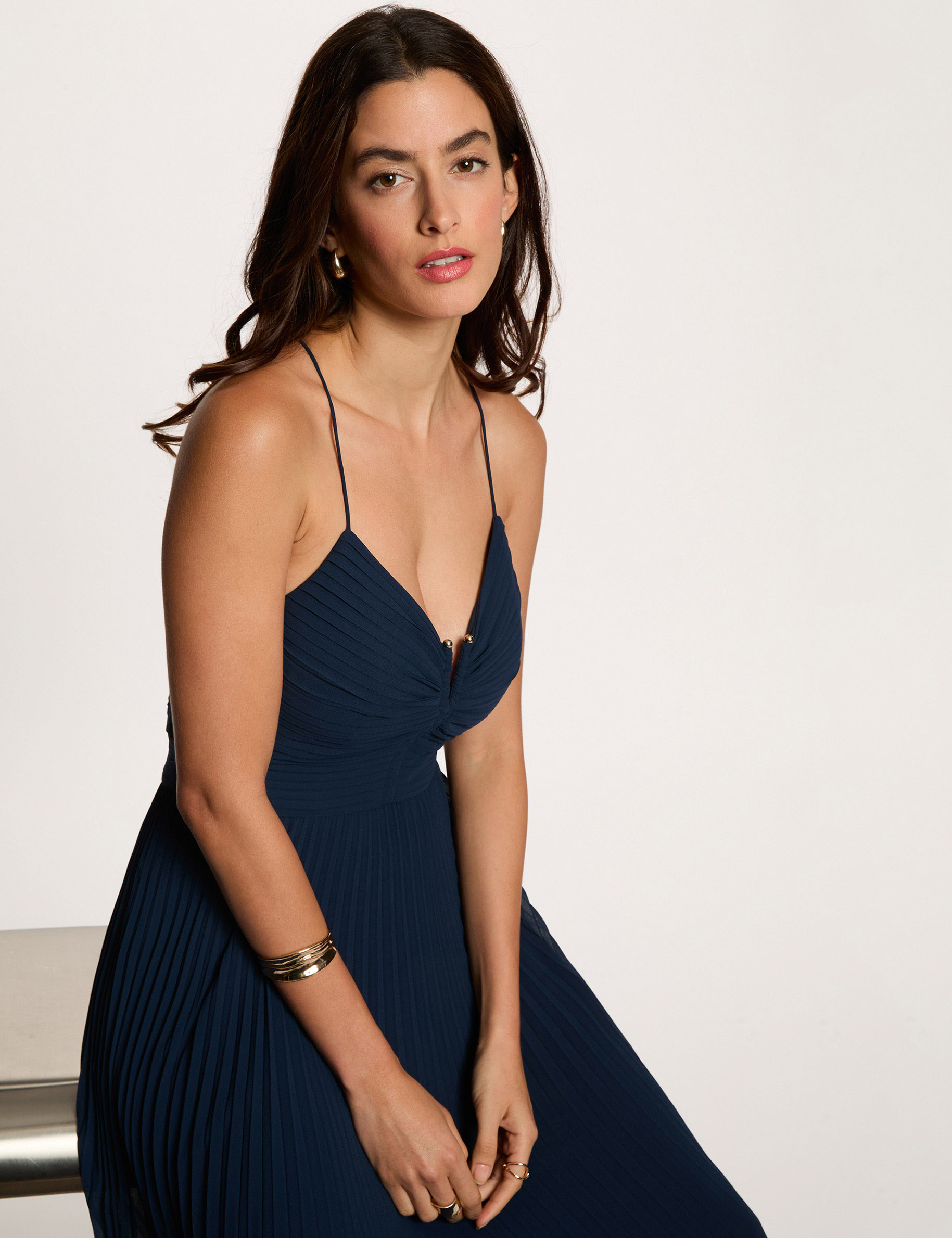 Vestido largo espalda abierta azul marino mujer