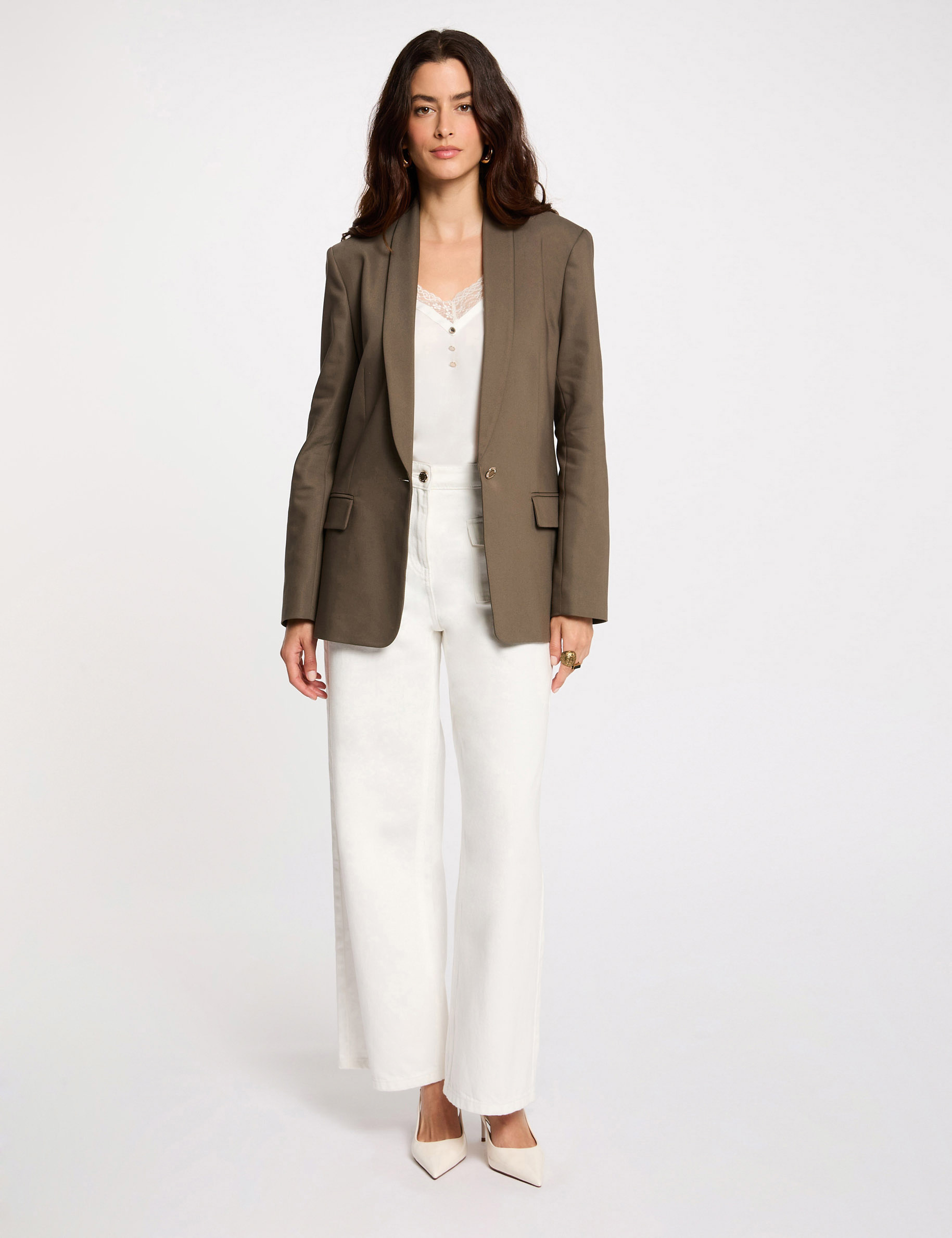 chaqueta corta cuello chal verde caqui mujer Chaqueta corta cuello chal verde caqui mujer