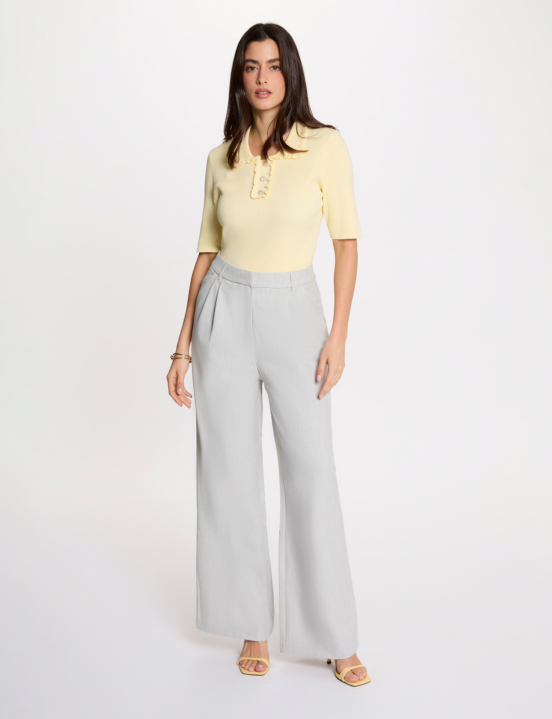 Pantal&oacute;n ancho de tiro alto gris claro mujer