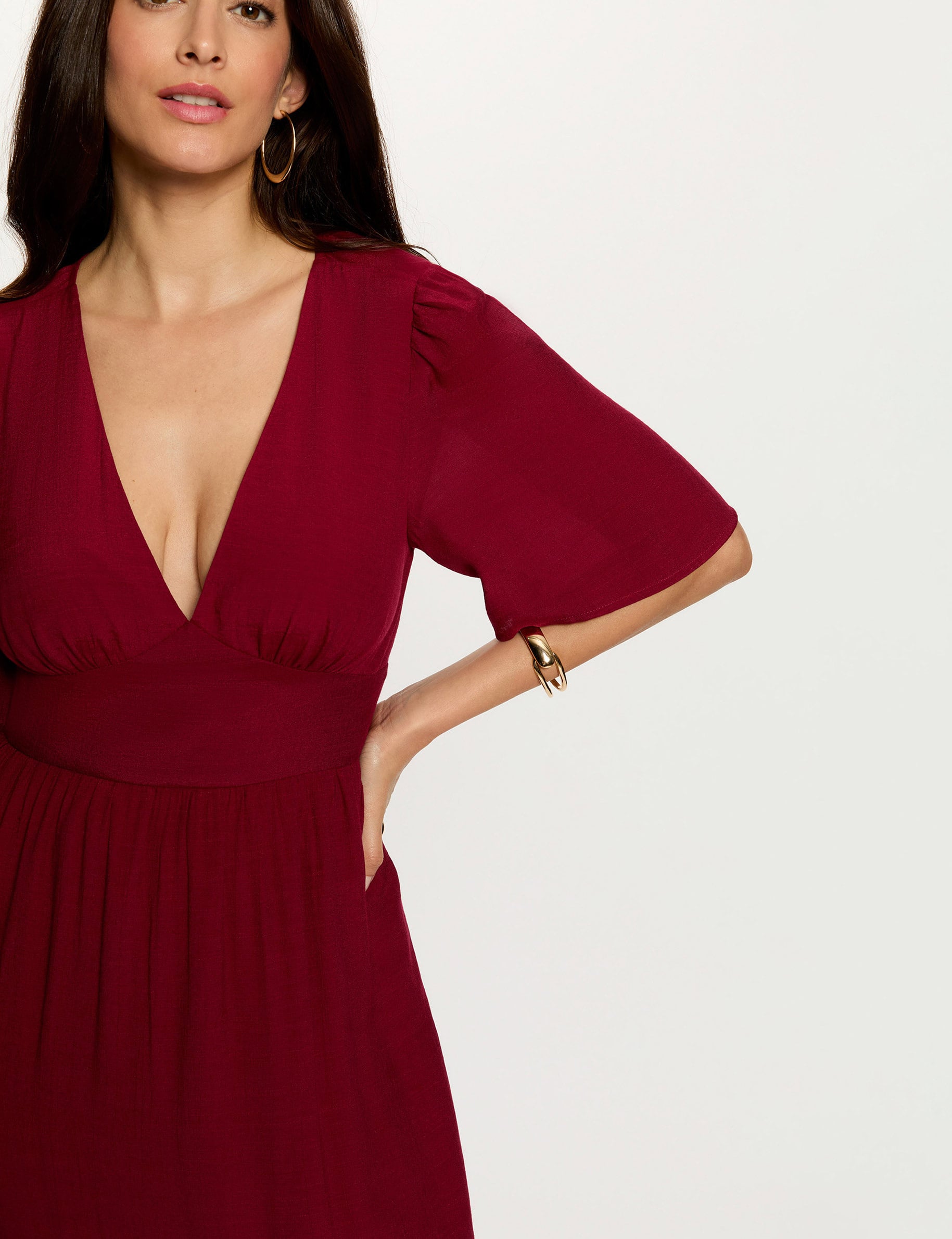 Vestido largo con cuello en V burdeos mujer