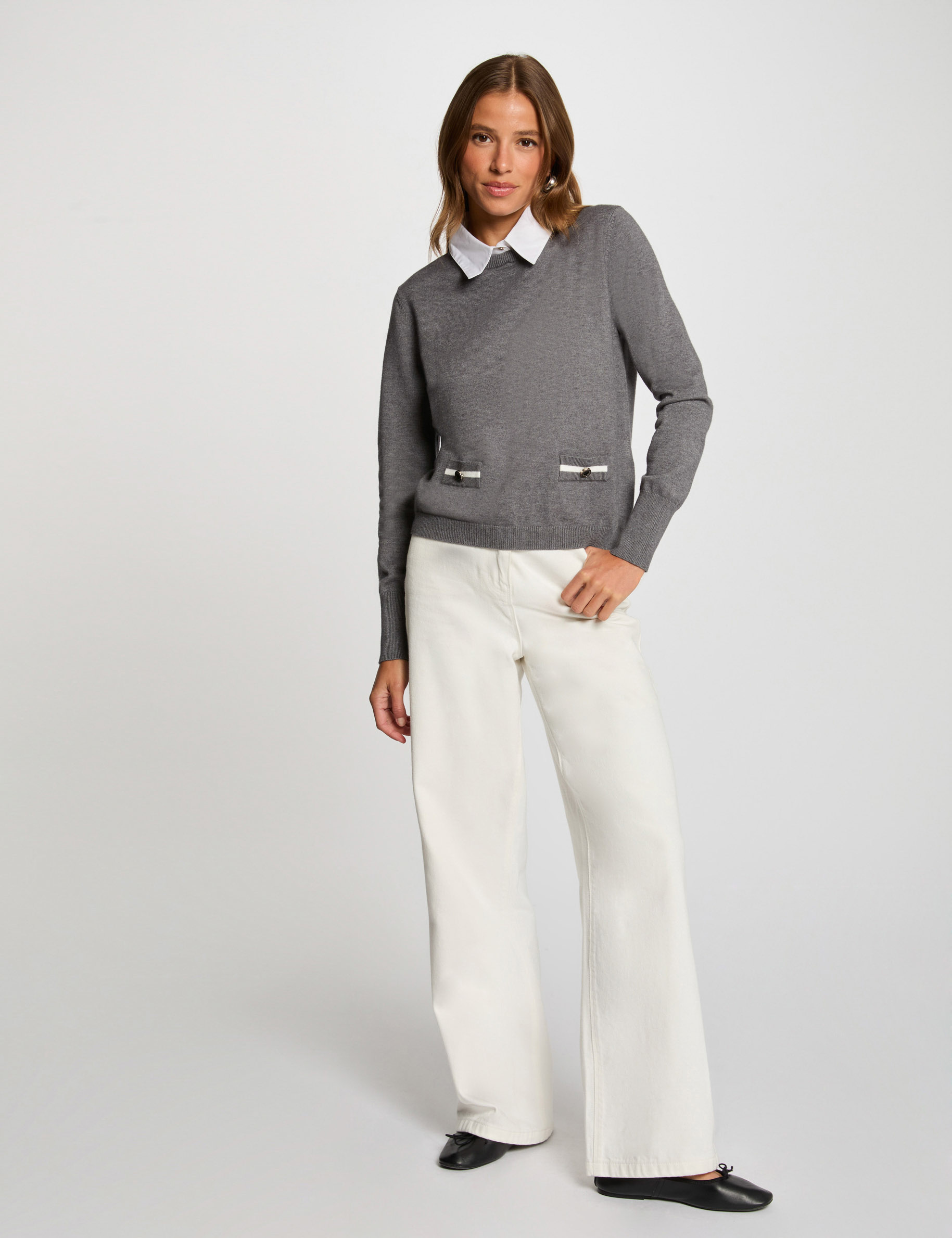 Jersey cuello tipo camisa gris oscuro mujer